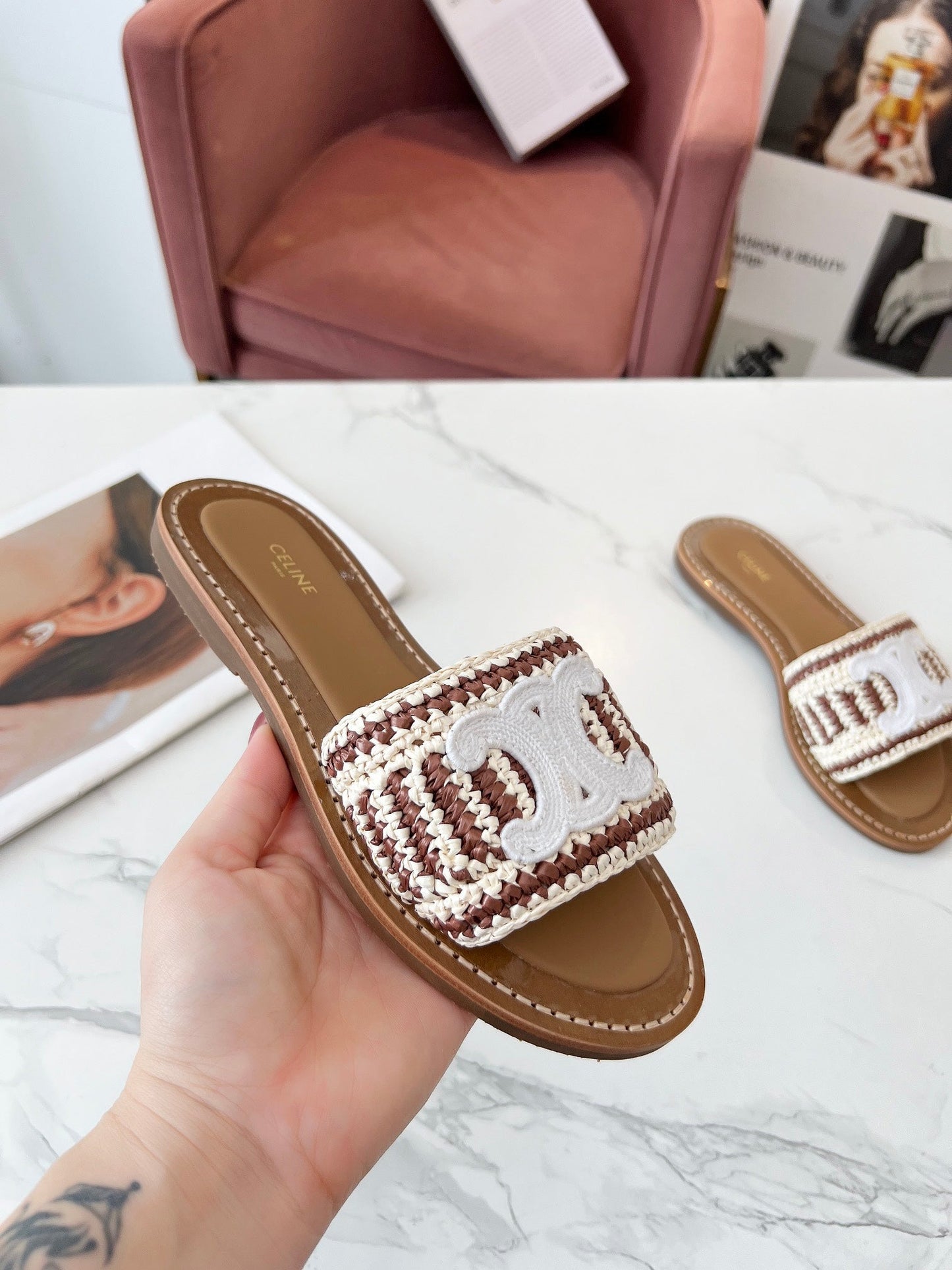 Celine Celine 25C Slippers Beige mix Brown Fabric with Calfskin 238160