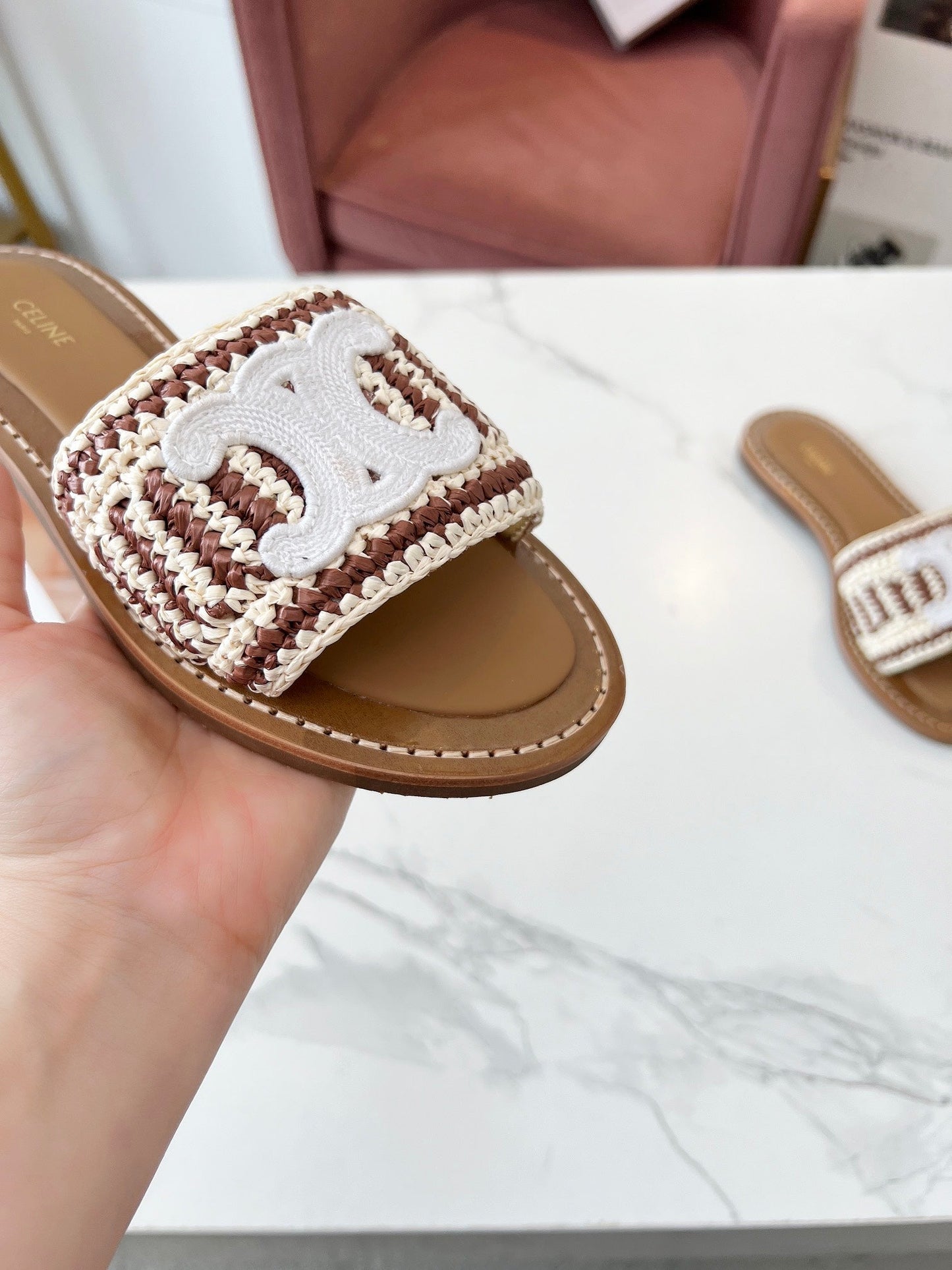 Celine Celine 25C Slippers Beige mix Brown Fabric with Calfskin 238160
