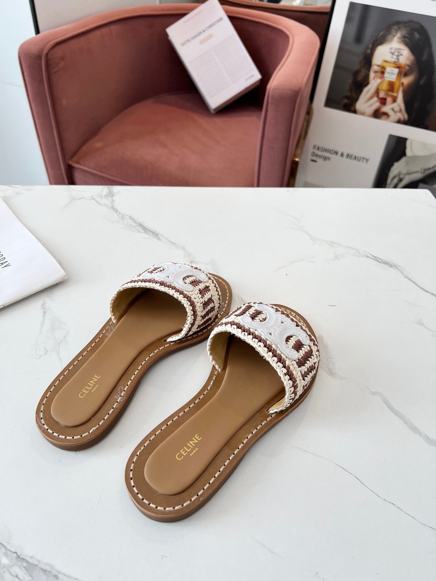 Celine Celine 25C Slippers Beige mix Brown Fabric with Calfskin 238160