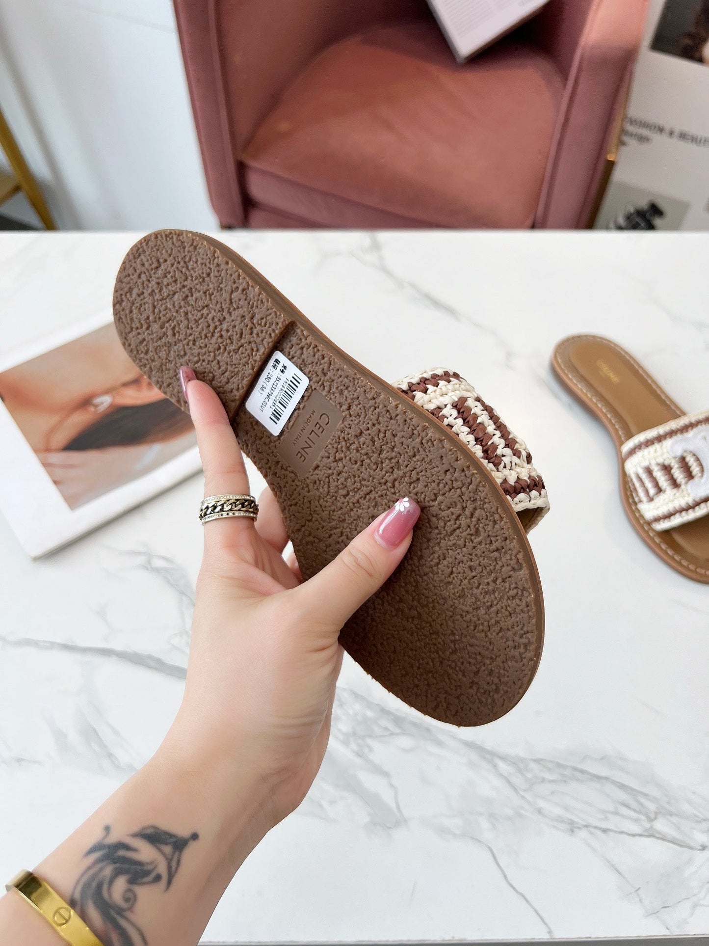 Celine Celine 25C Slippers Beige mix Brown Fabric with Calfskin 238160