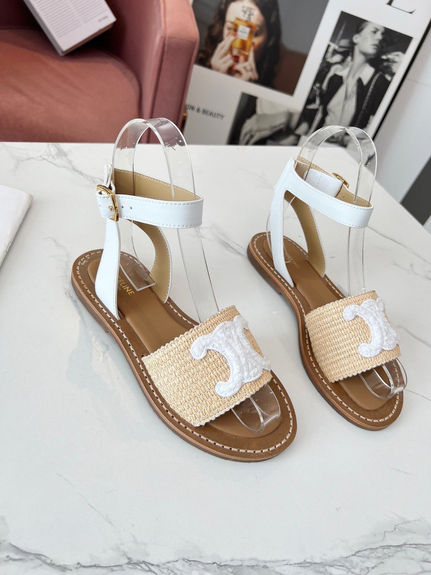 Celine Celine 25C Lympia Sandal Beige mix White Fabric with Calfskin 238161