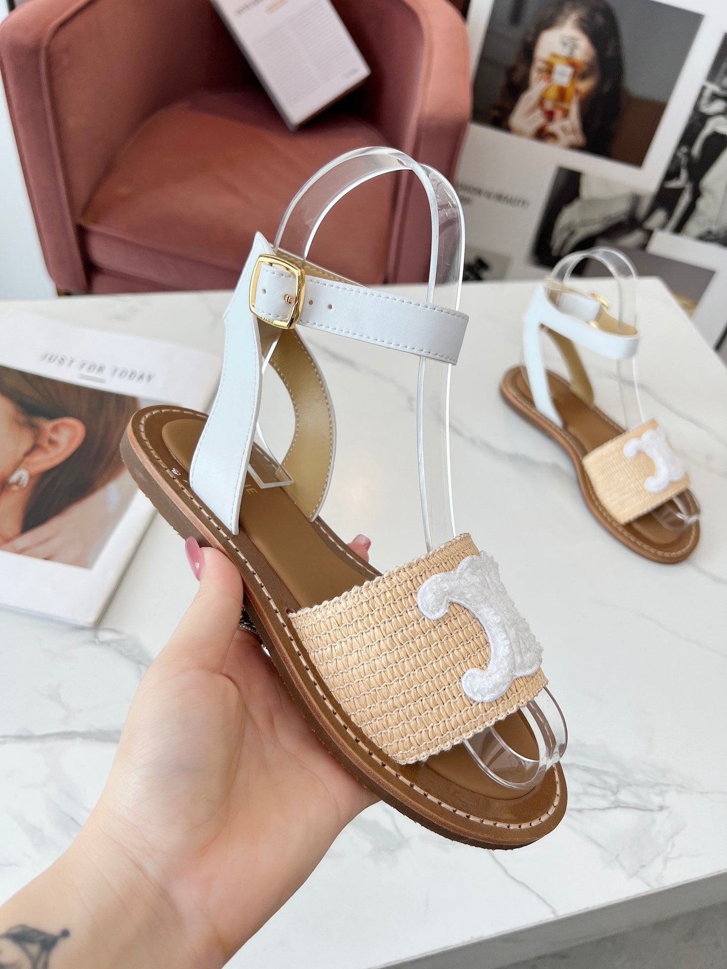Celine Celine 25C Lympia Sandal Beige mix White Fabric with Calfskin 238161