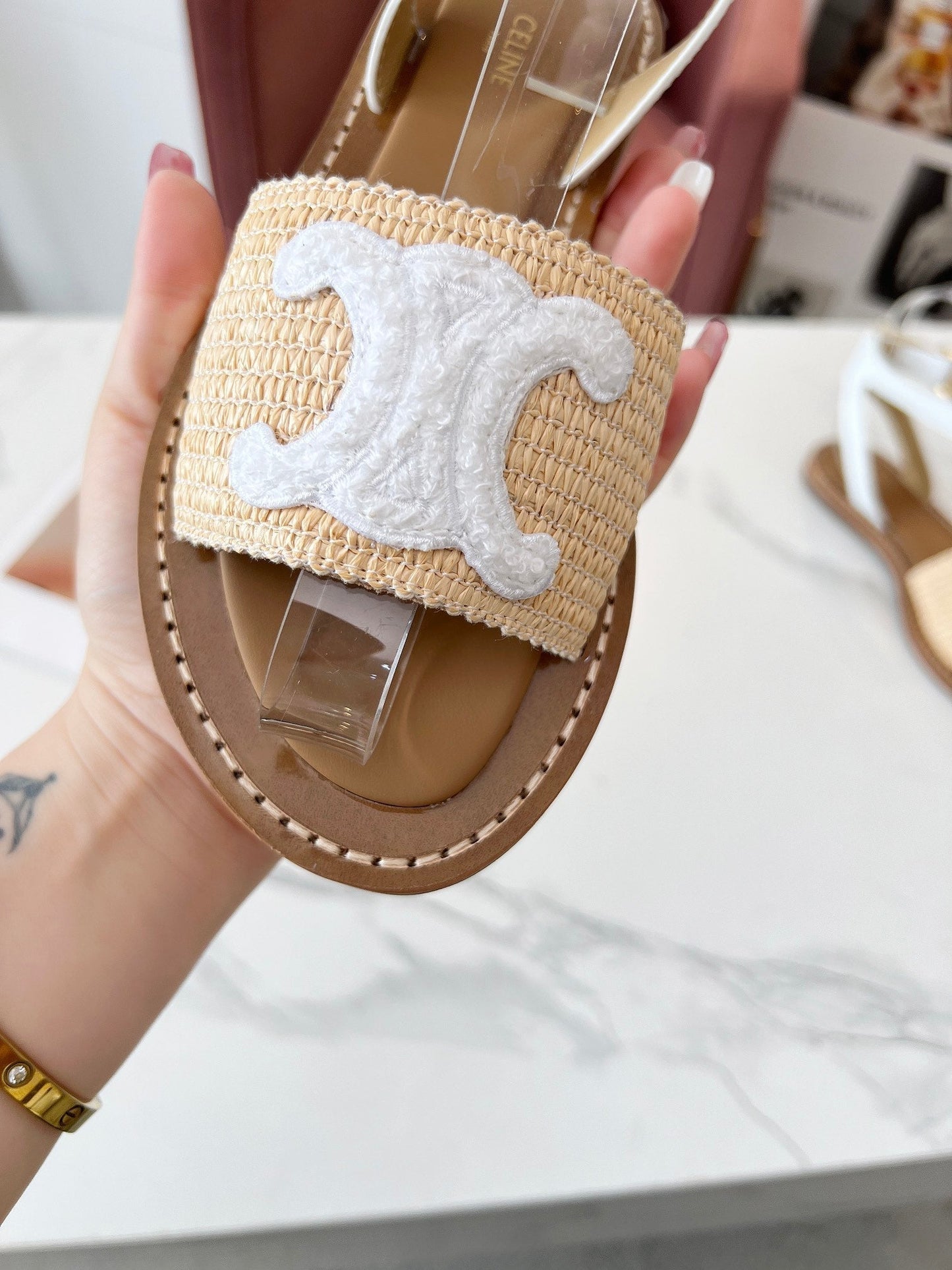 Celine Celine 25C Lympia Sandal Beige mix White Fabric with Calfskin 238161