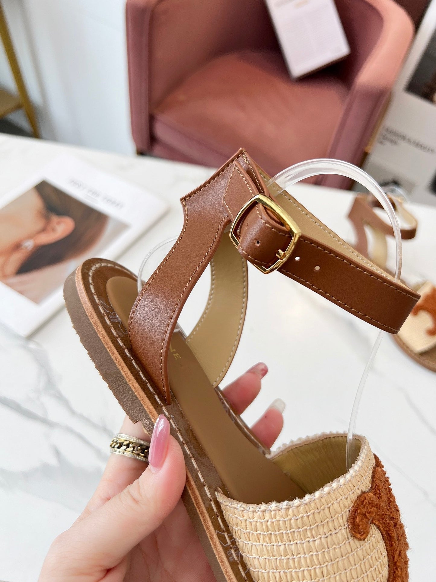 Celine Celine 25C Lympia Sandal Beige mix Brown Fabric with Calfskin 238162