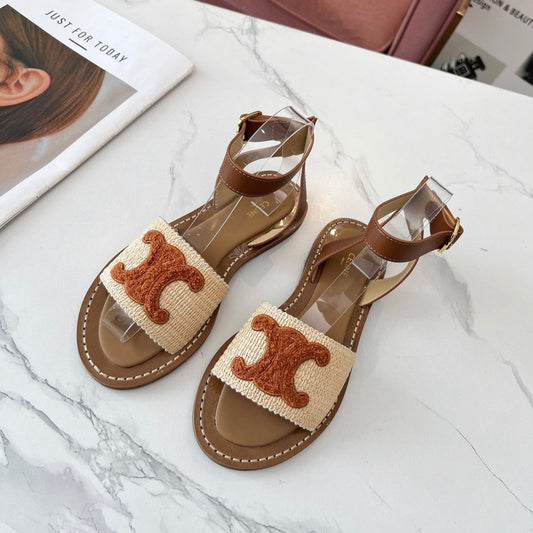 Celine Celine 25C Lympia Sandal Beige mix Brown Fabric with Calfskin 238162