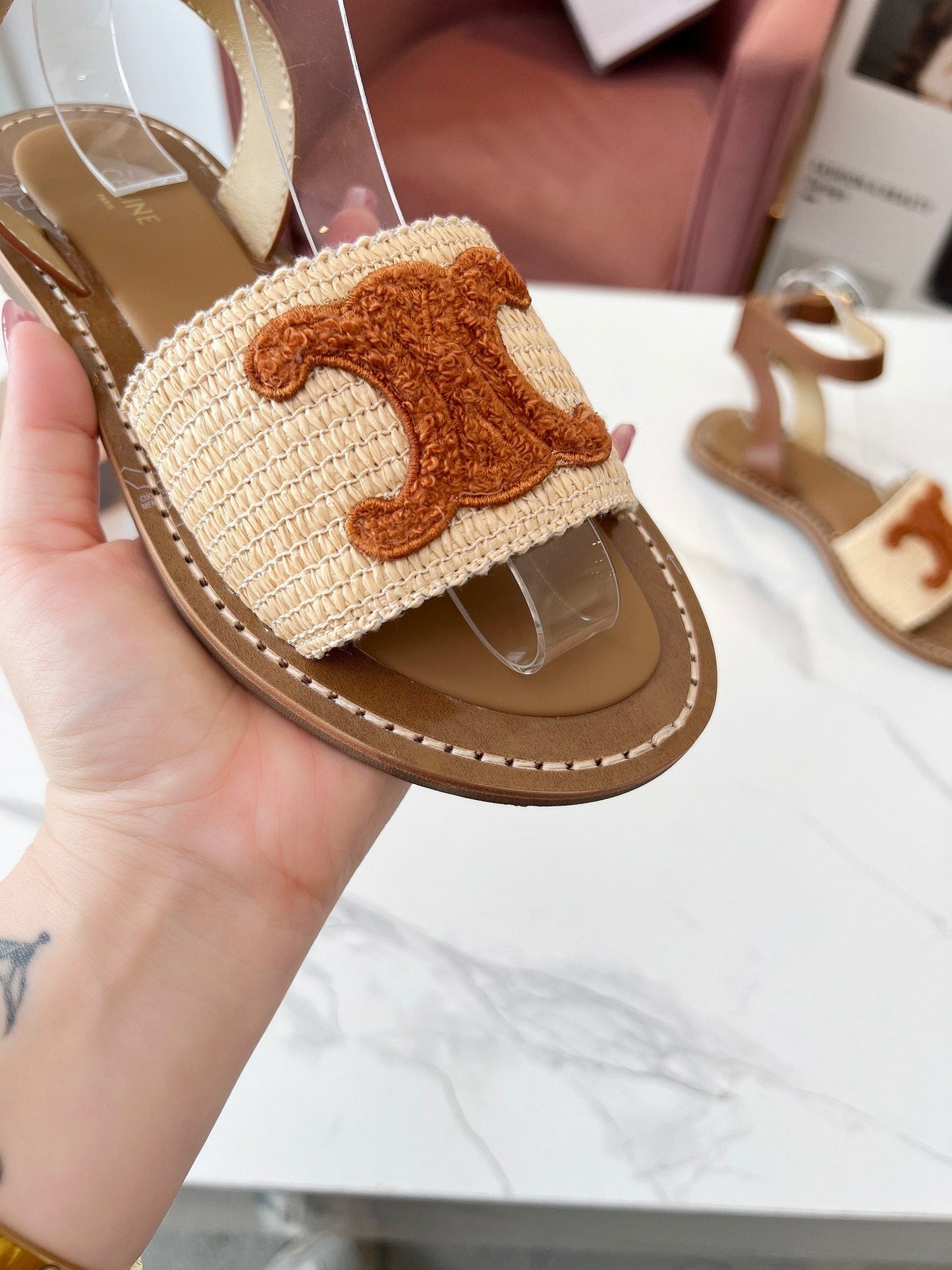 Celine Celine 25C Lympia Sandal Beige mix Brown Fabric with Calfskin 238162