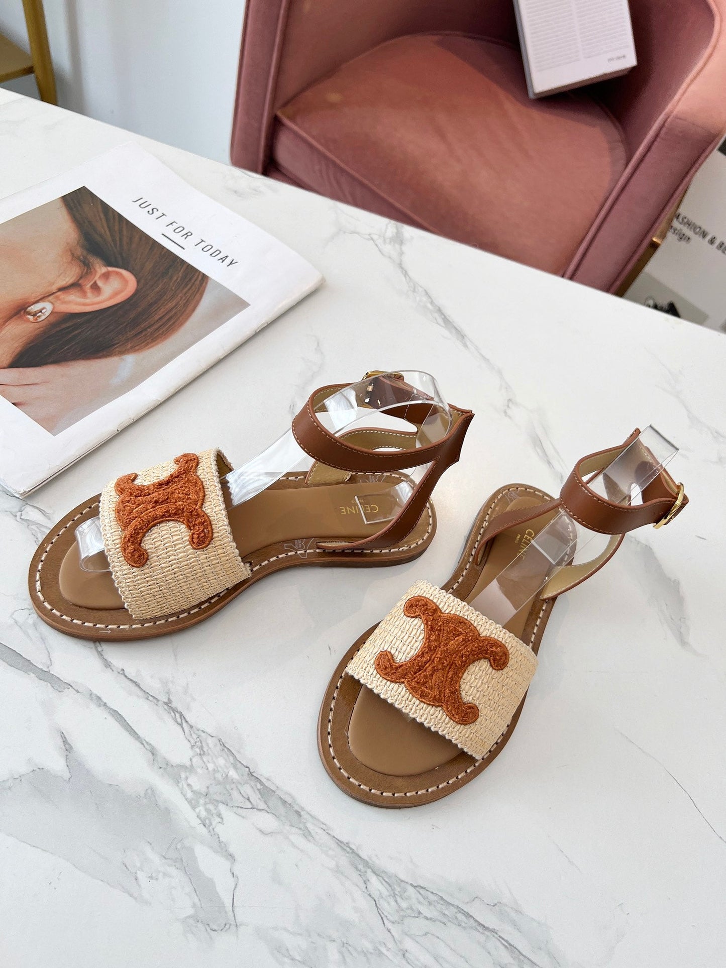 Celine Celine 25C Lympia Sandal Beige mix Brown Fabric with Calfskin 238162