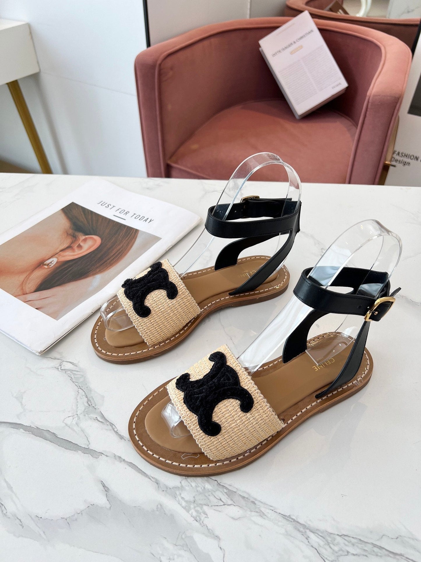 Celine Celine 25C Lympia Sandal Beige mix Black Fabric with Calfskin 238163