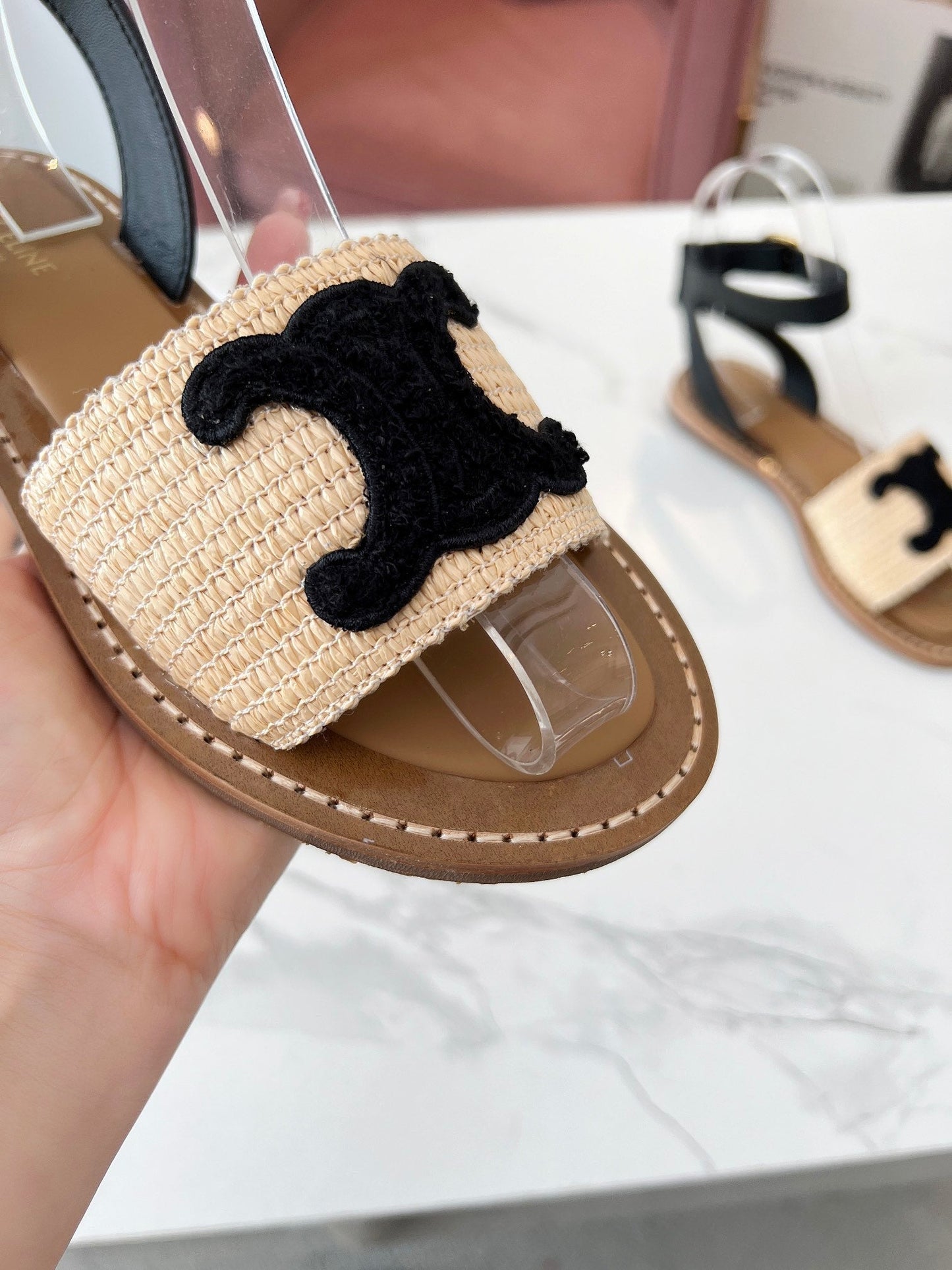 Celine Celine 25C Lympia Sandal Beige mix Black Fabric with Calfskin 238163