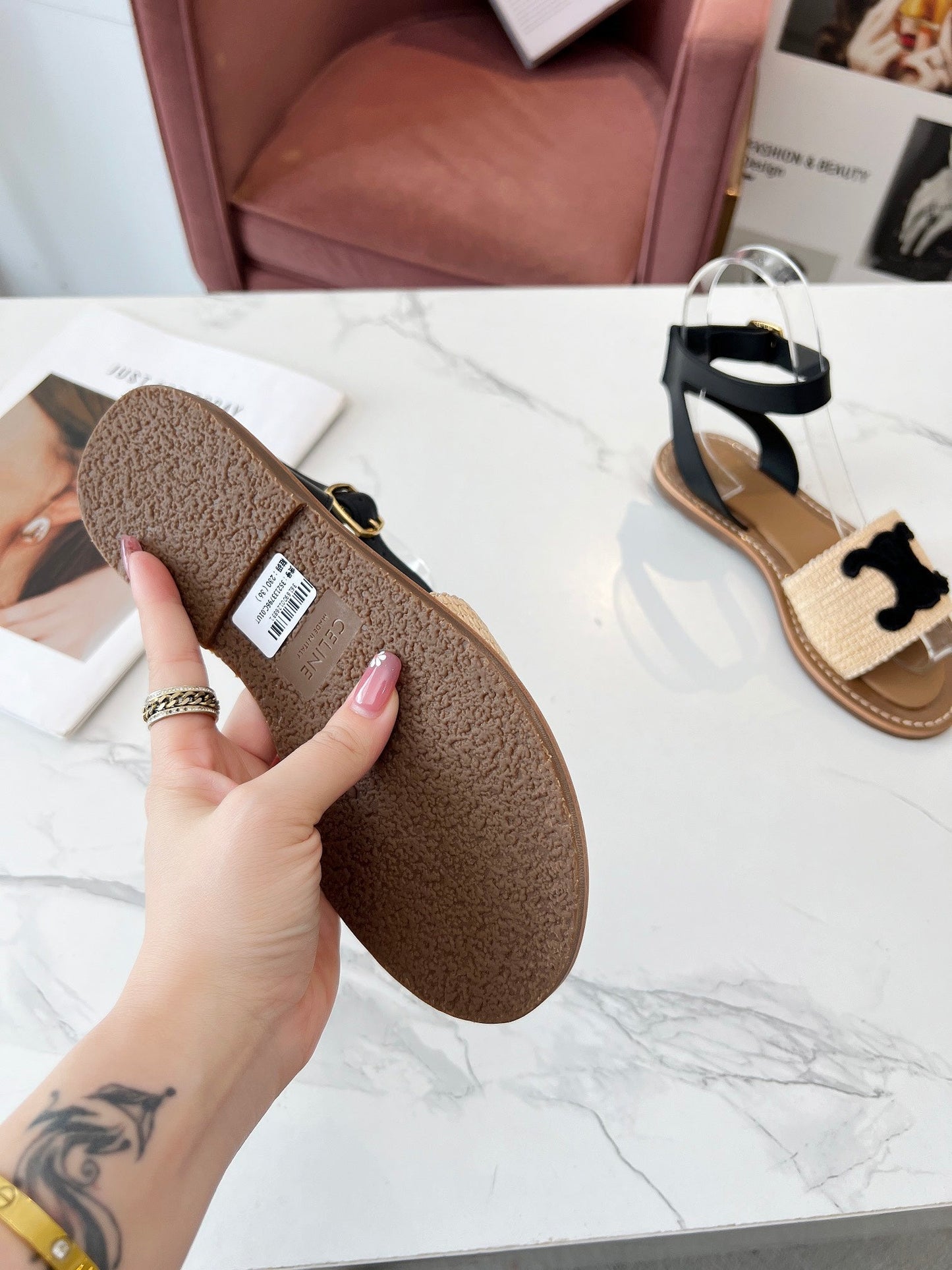 Celine Celine 25C Lympia Sandal Beige mix Black Fabric with Calfskin 238163