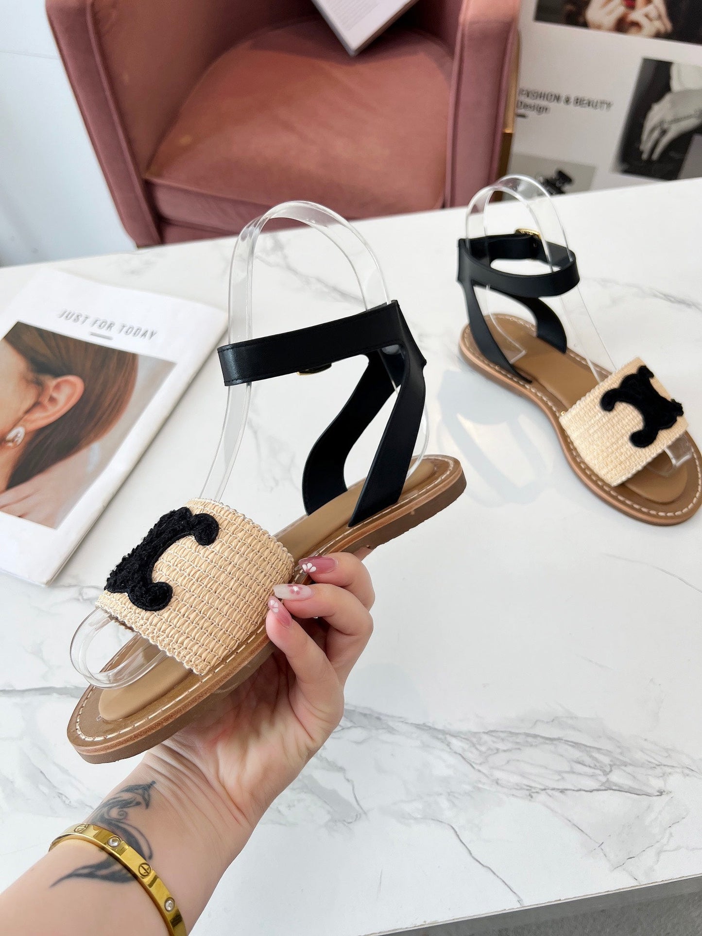 Celine Celine 25C Lympia Sandal Beige mix Black Fabric with Calfskin 238163