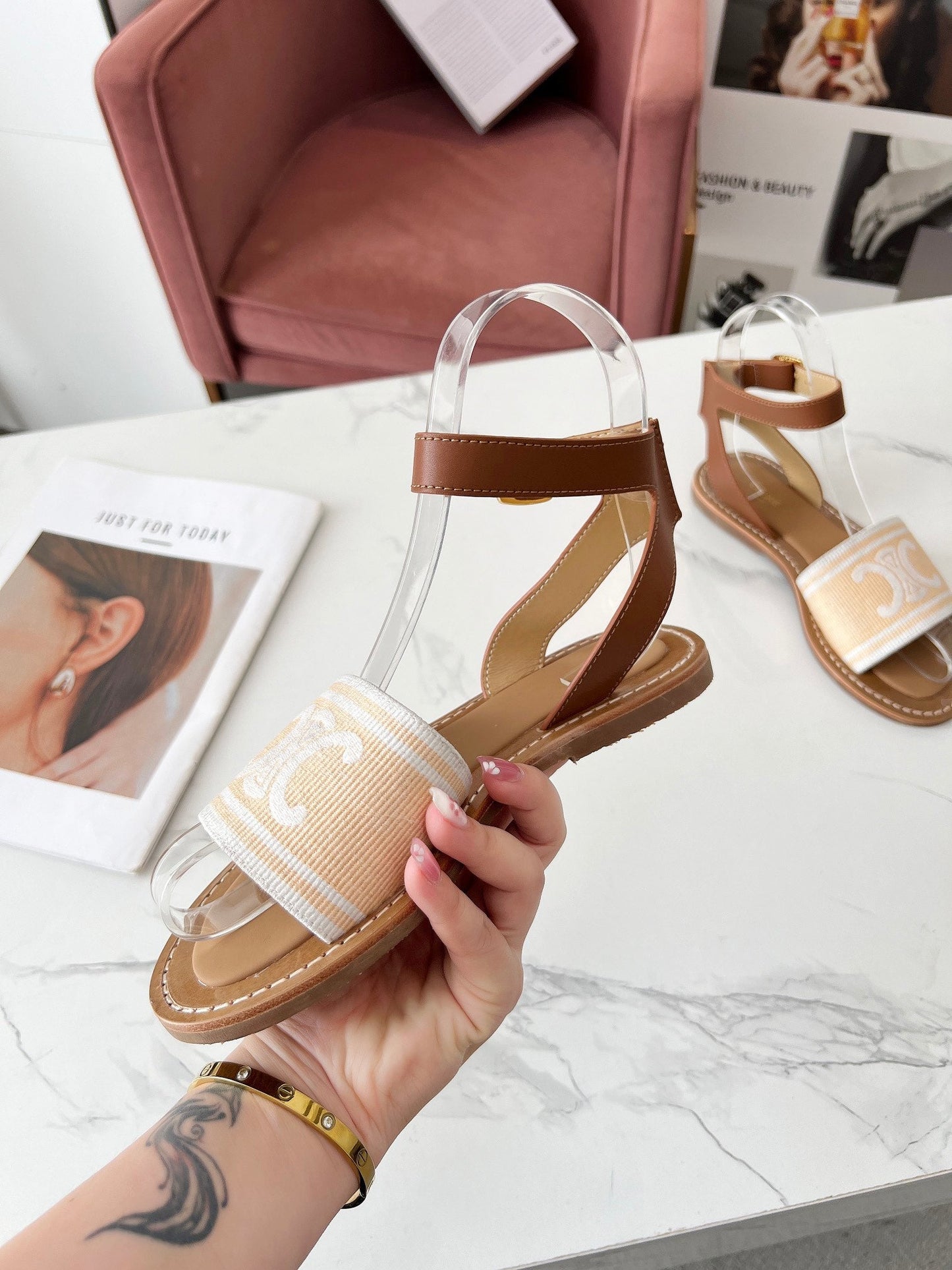 Celine Celine 25C Lympia Sandal Cream with White Canvas with Calfskin 238172