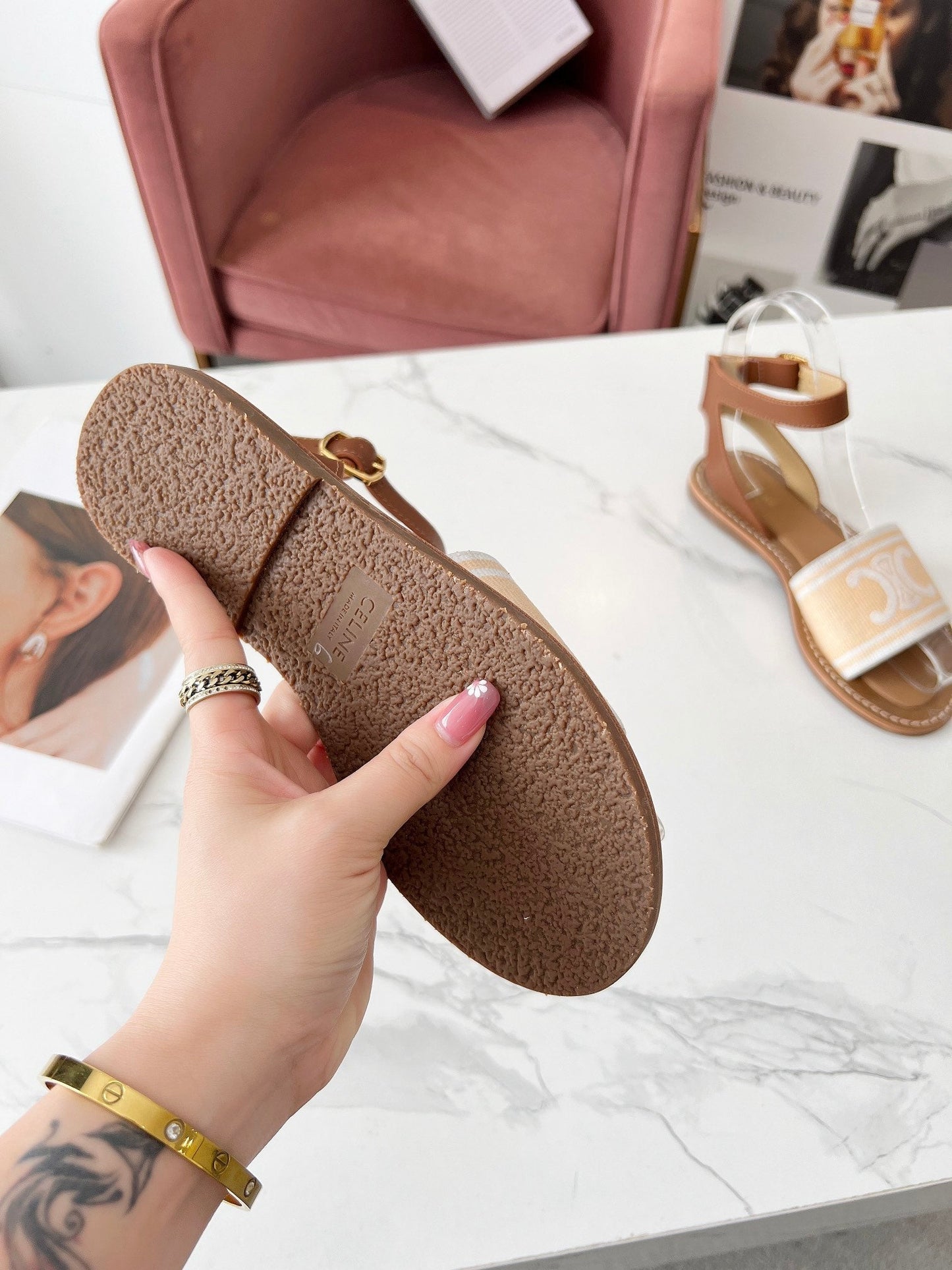 Celine Celine 25C Lympia Sandal Cream with White Canvas with Calfskin 238172