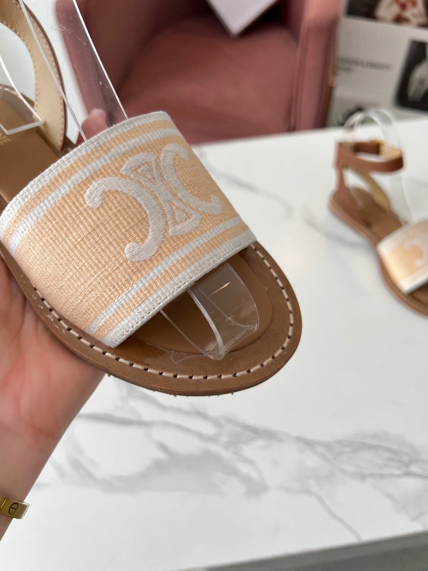 Celine Celine 25C Lympia Sandal Cream with White Canvas with Calfskin 238172