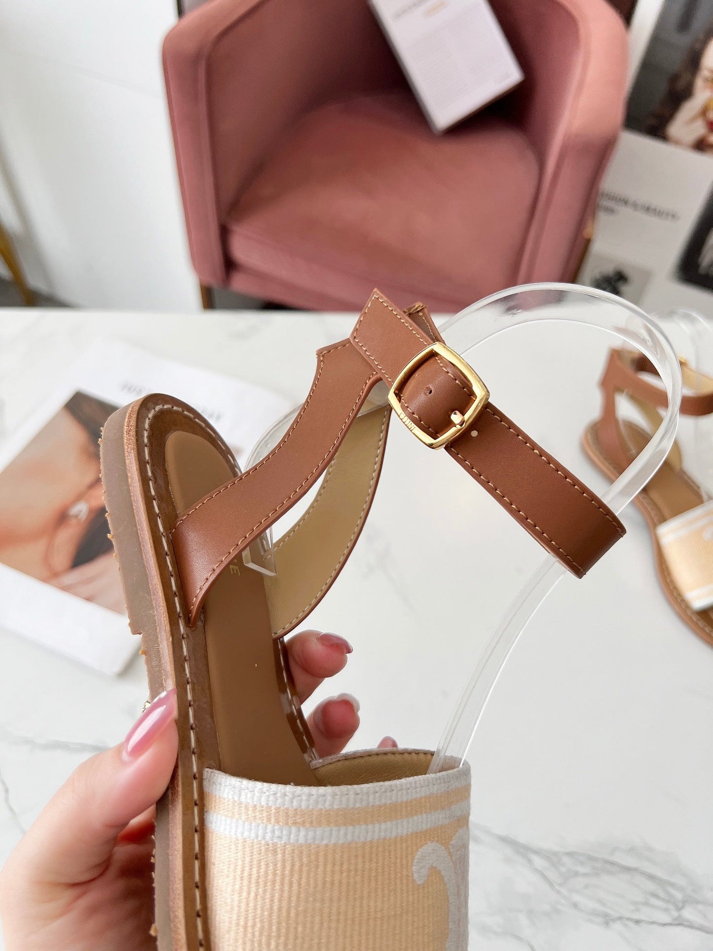 Celine Celine 25C Lympia Sandal Cream with White Canvas with Calfskin 238172