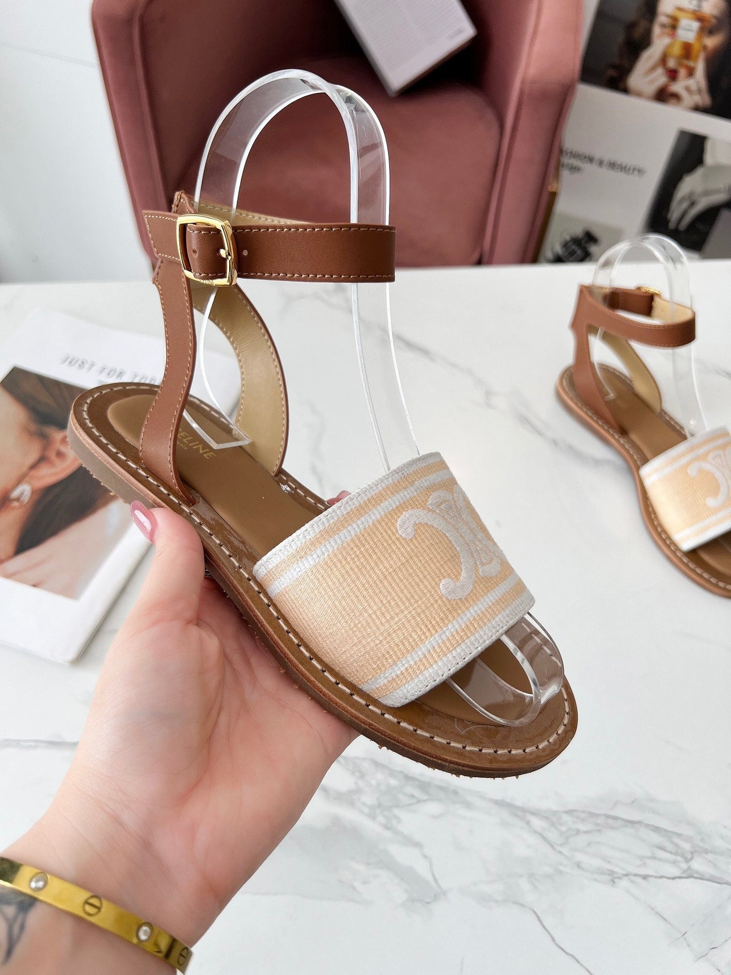 Celine Celine 25C Lympia Sandal Cream with White Canvas with Calfskin 238172