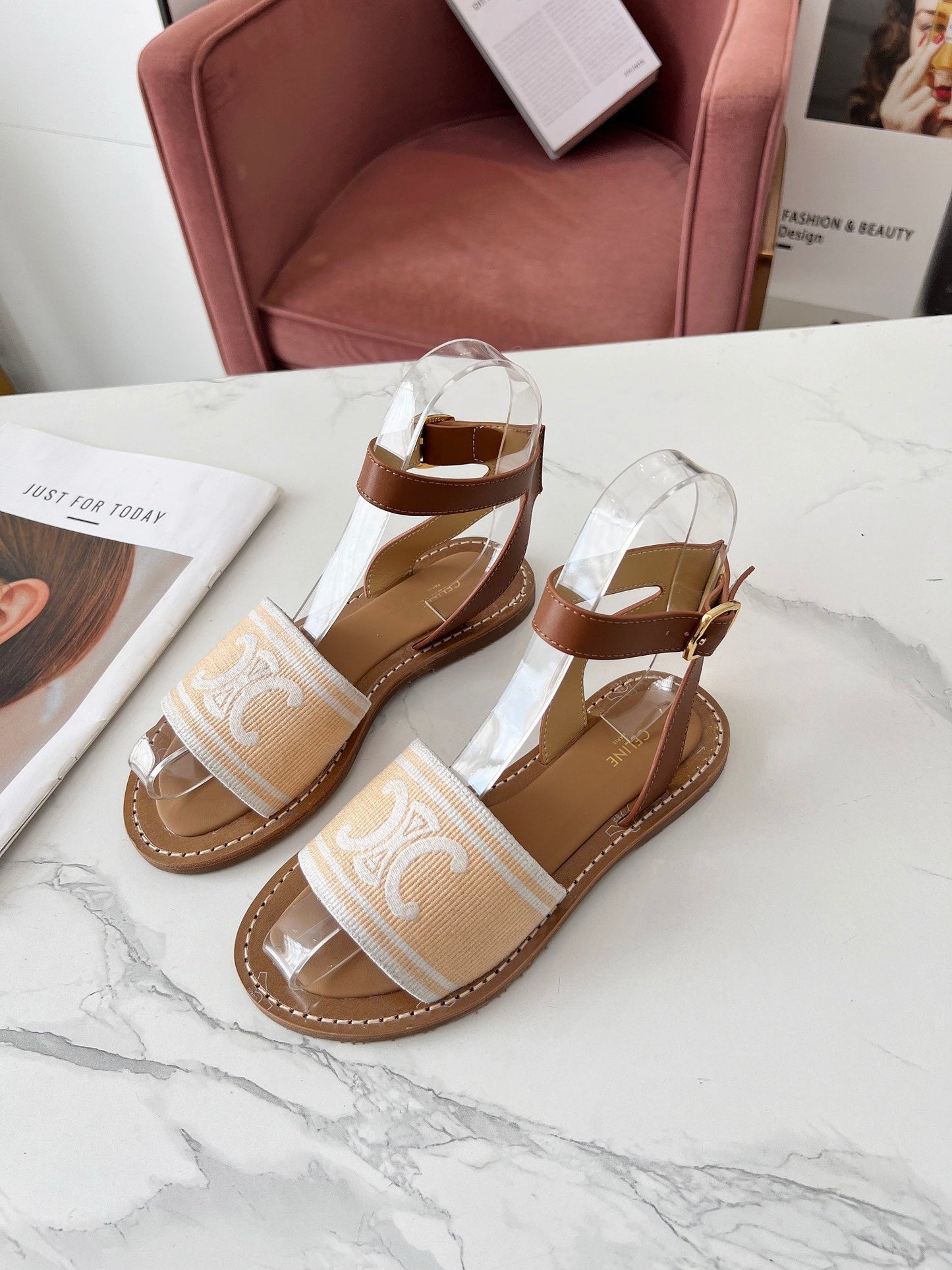 Celine Celine 25C Lympia Sandal Cream with White Canvas with Calfskin 238172