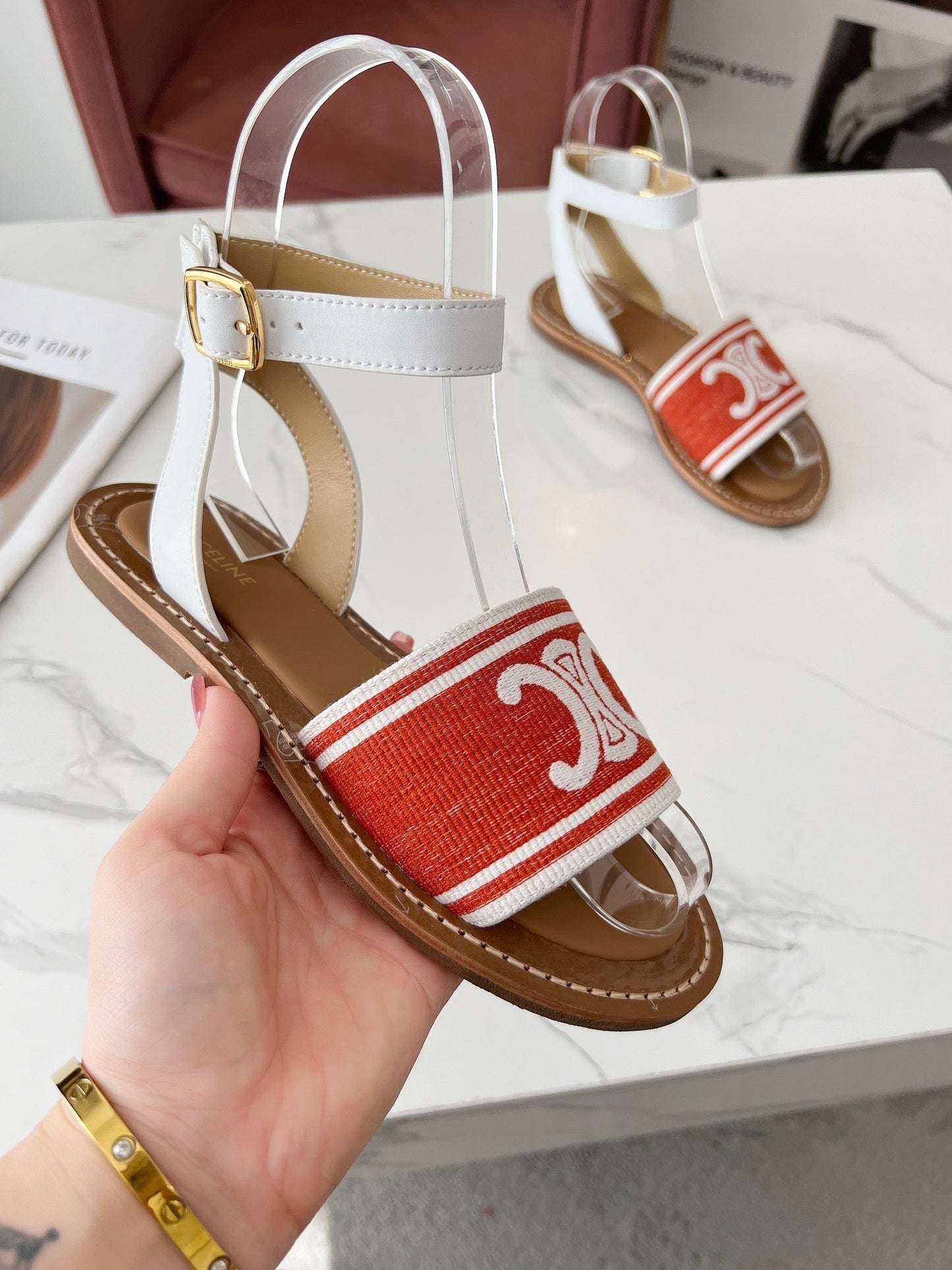 Celine Celine 25C Lympia Sandal Red mix White Canvas with Calfskin 238173