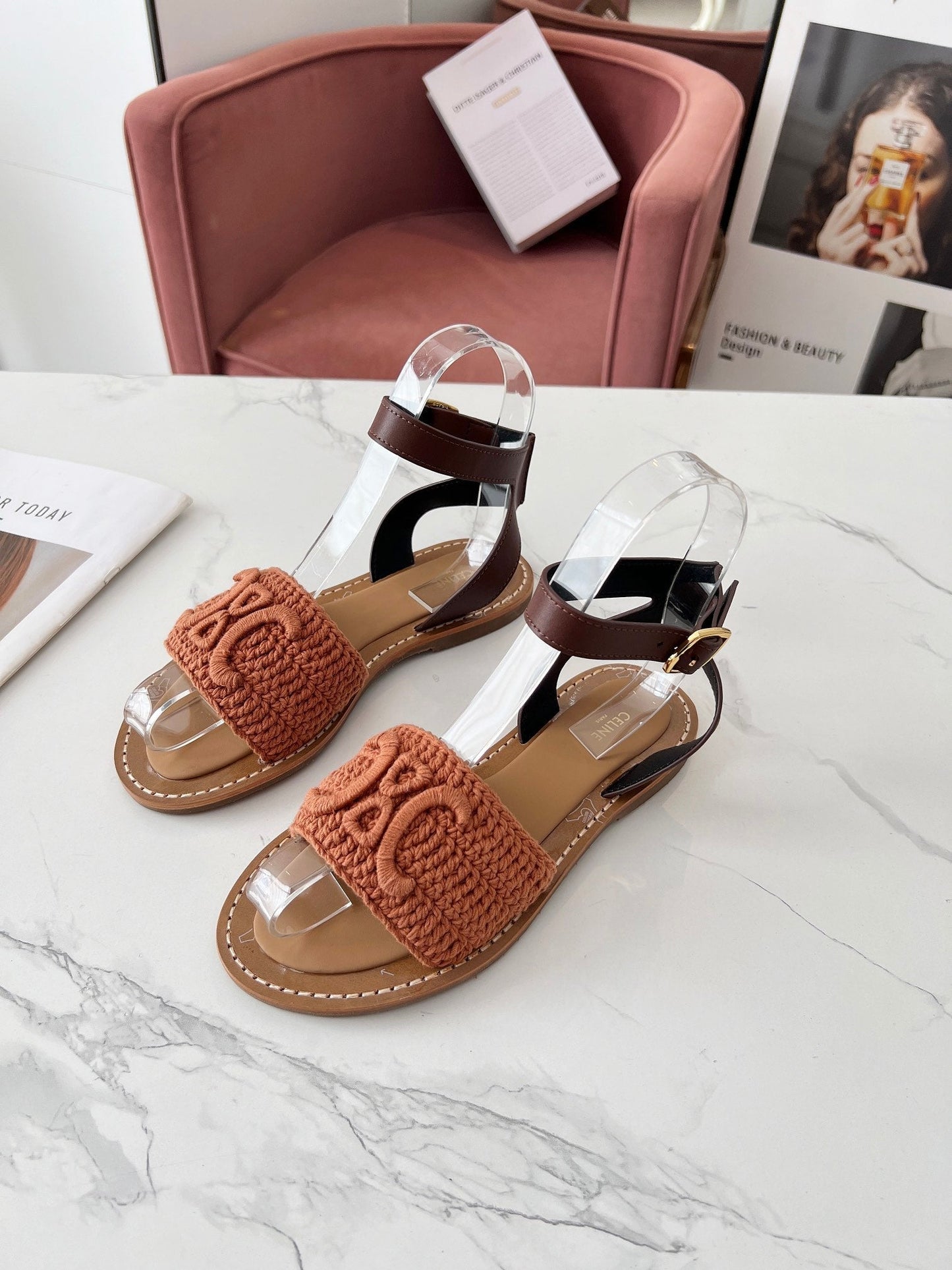 Celine Celine 25C Lympia Sandal Melon Orange Fabric with Calfskin 238174