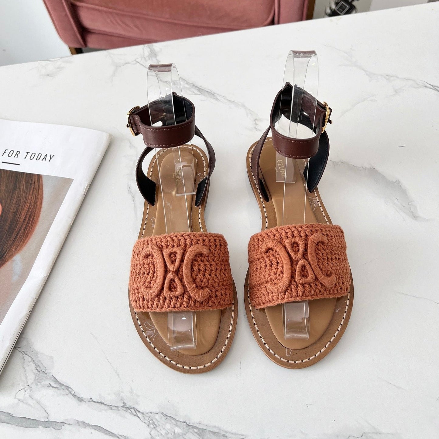 Celine Celine 25C Lympia Sandal Melon Orange Fabric with Calfskin 238174