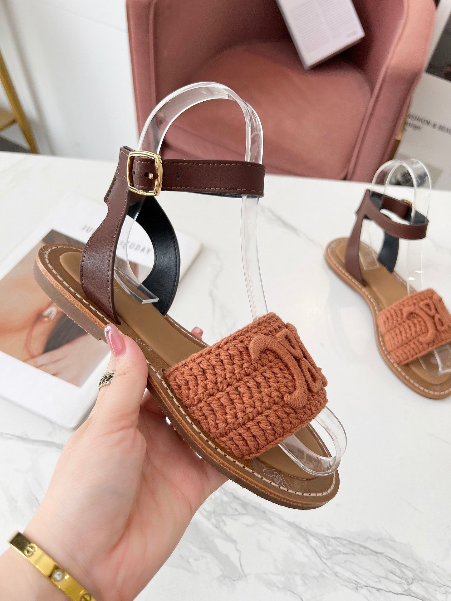 Celine Celine 25C Lympia Sandal Melon Orange Fabric with Calfskin 238174