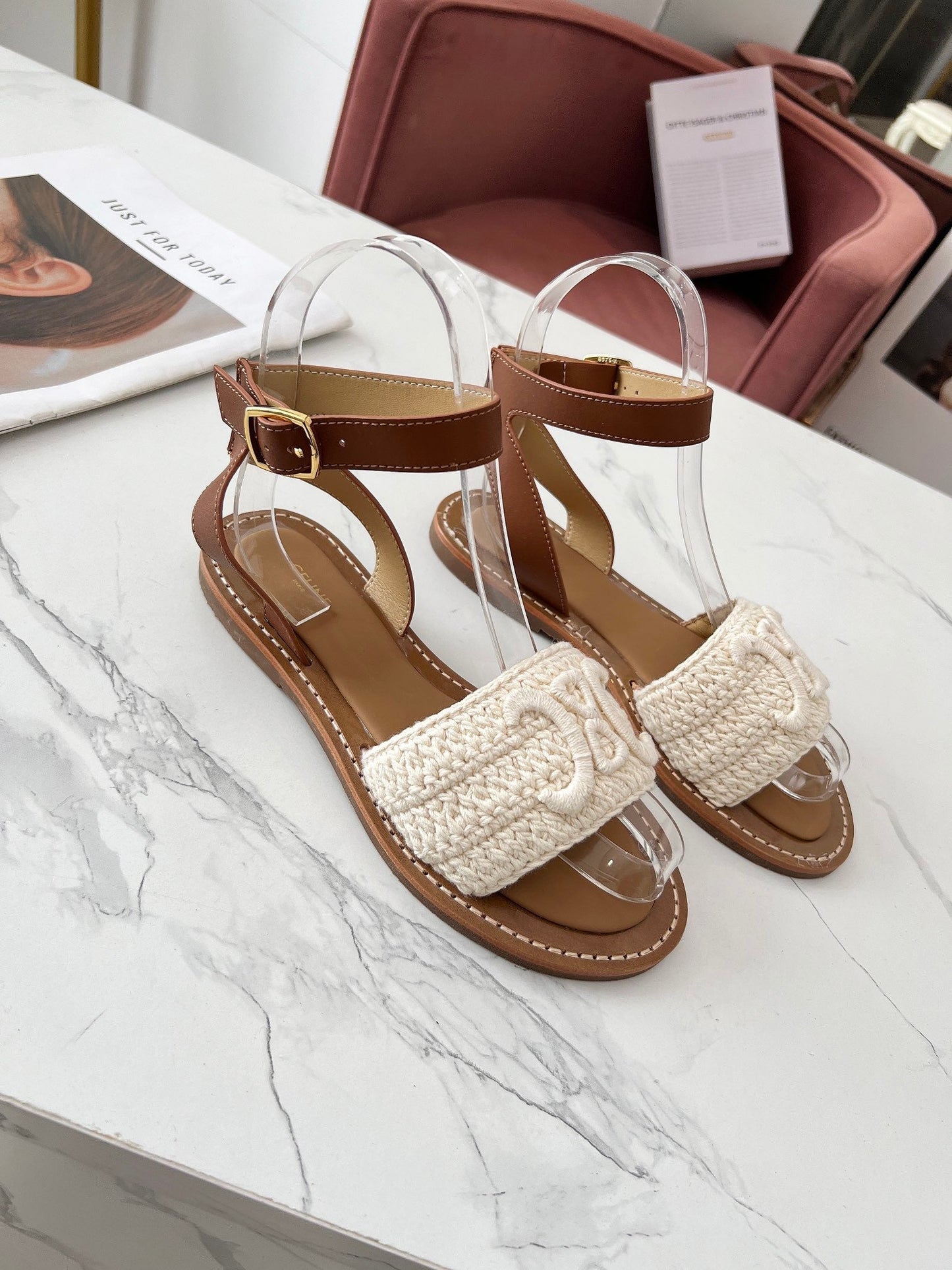 Celine Celine 25C Lympia Sandal White Fabric with Calfskin 238175