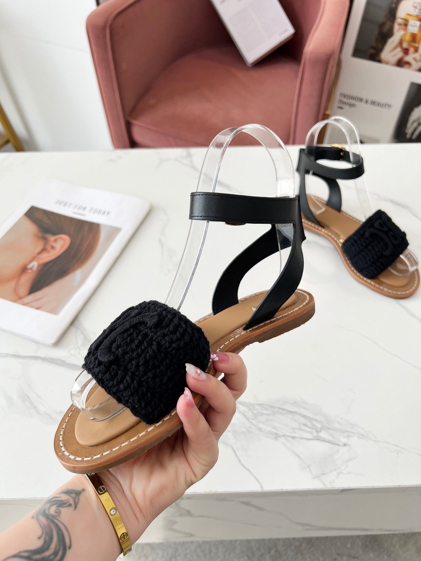 Celine Celine 25C Lympia Sandal Black Fabric with Calfskin 238176