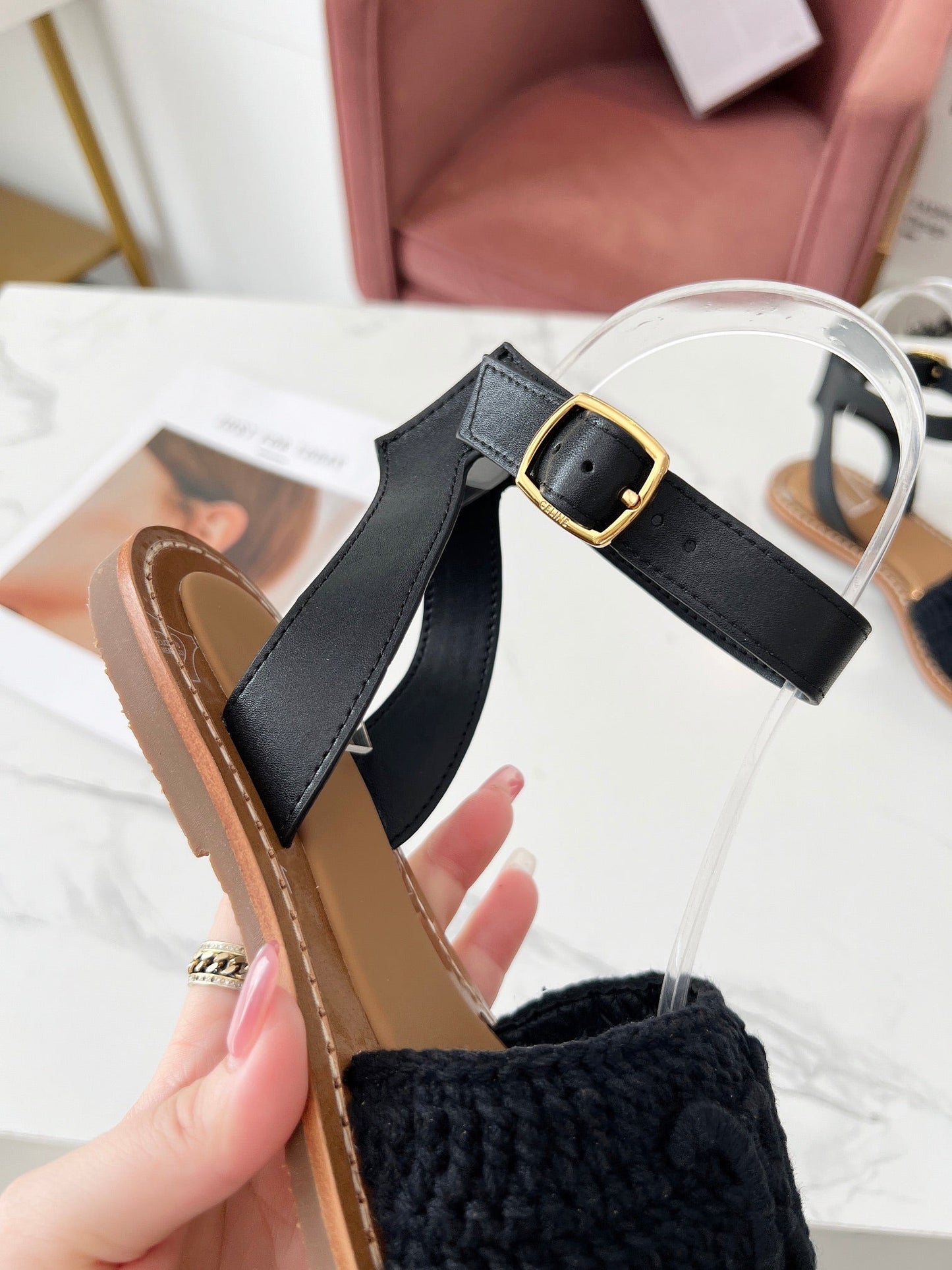 Celine Celine 25C Lympia Sandal Black Fabric with Calfskin 238176
