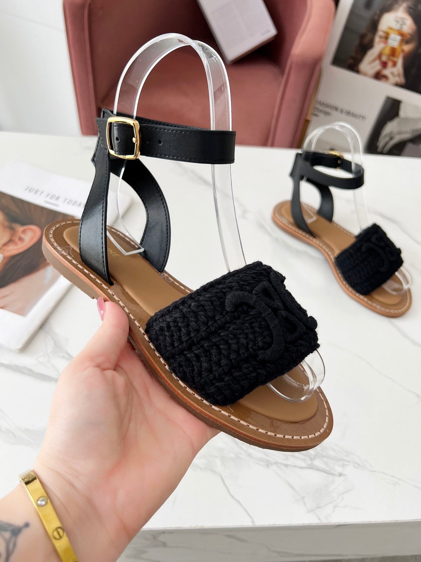 Celine Celine 25C Lympia Sandal Black Fabric with Calfskin 238176