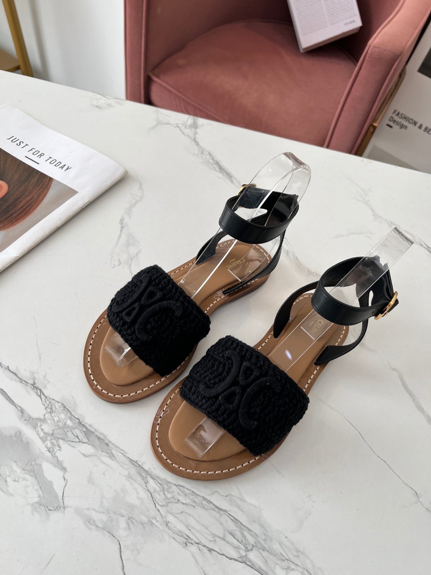 Celine Celine 25C Lympia Sandal Black Fabric with Calfskin 238176