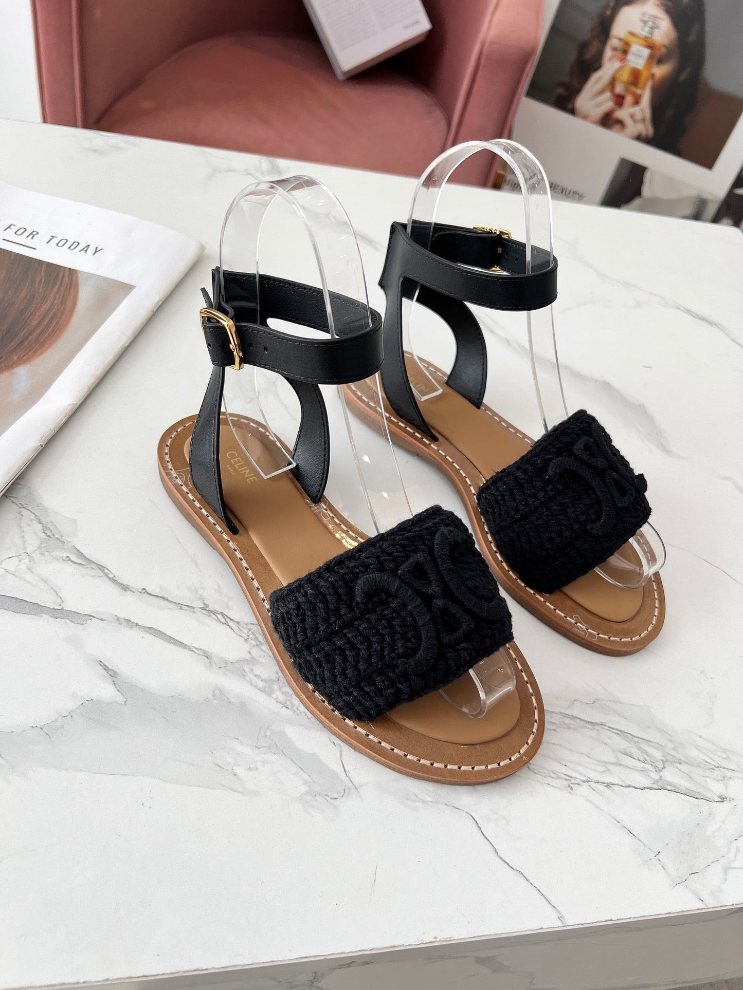 Celine Celine 25C Lympia Sandal Black Fabric with Calfskin 238176