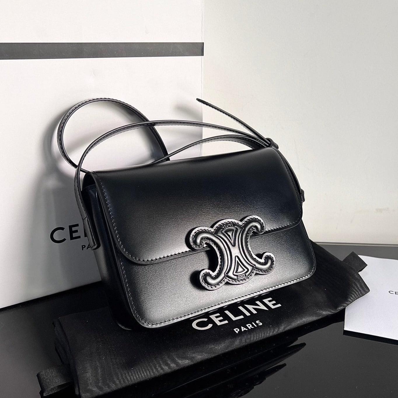 Celine TEEN TRIOMPHE 18 ALL BLACK CALFSKIN GOLD HARDWARE