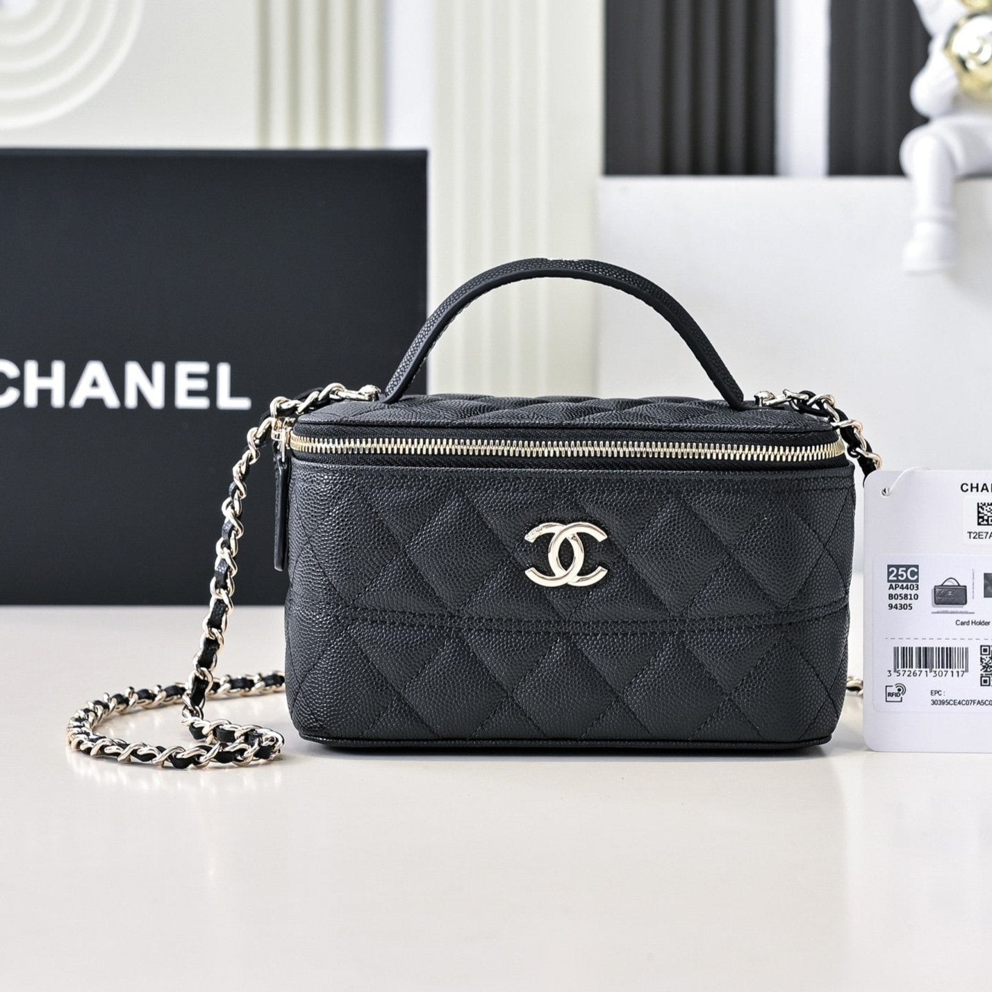CHANEL 25C Vanity Top Handle 17cm Black Grained Calfskin Light Gold Hardware