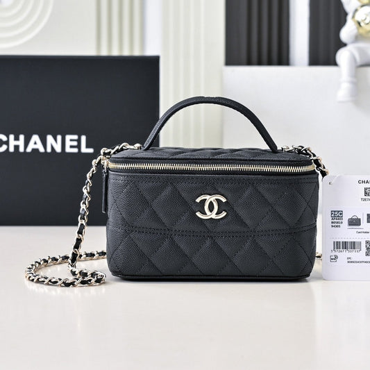 CHANEL 25C Vanity Top Handle 17cm Black Grained Calfskin Light Gold Hardware