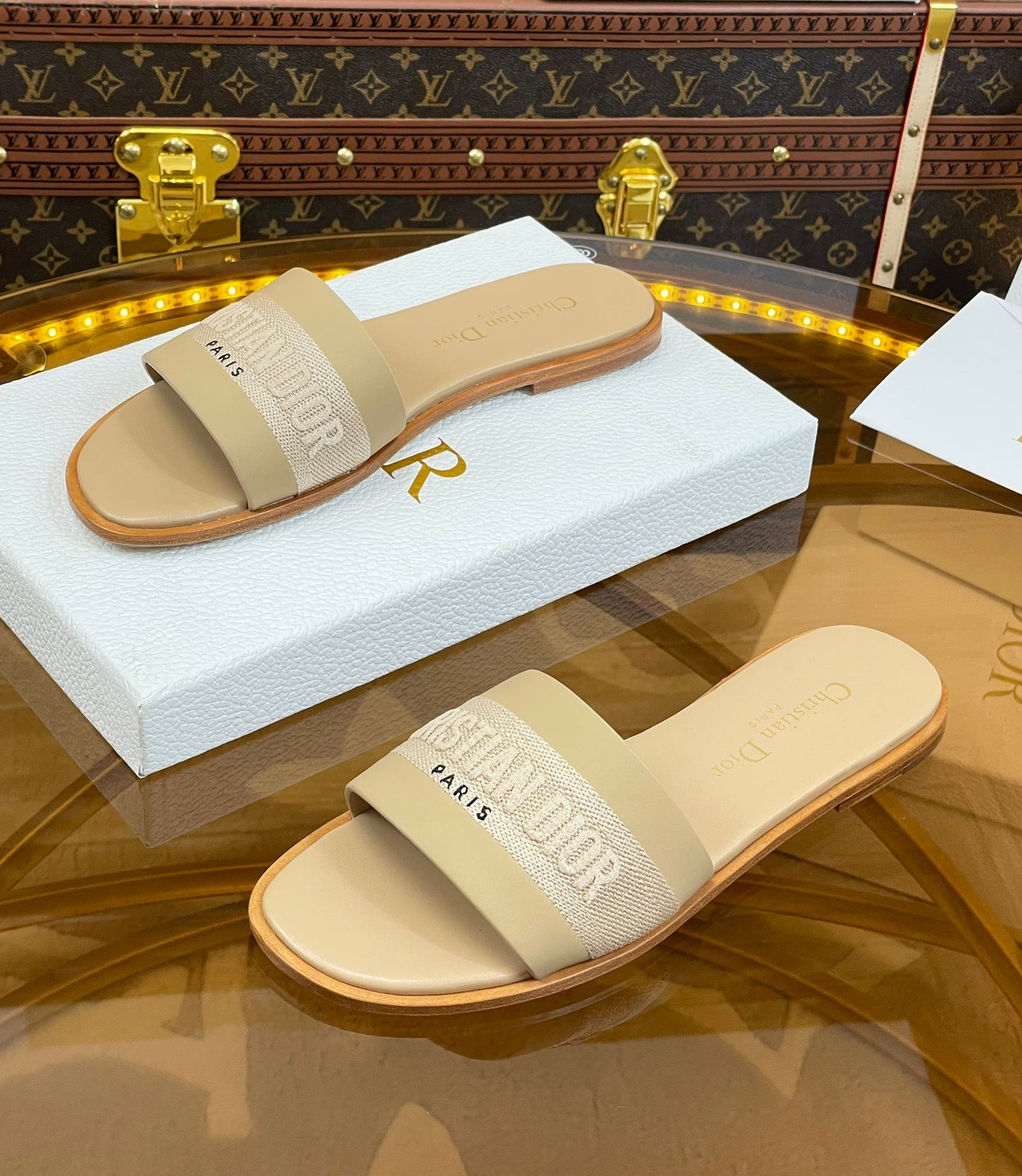 DIOR slide beige calfskin embroidered cotton