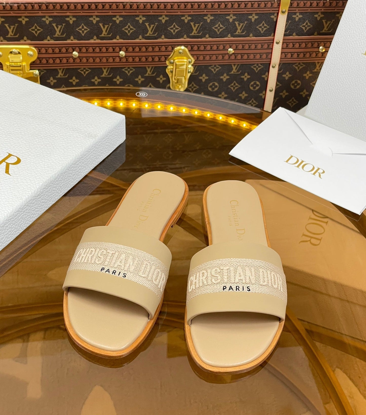 DIOR slide beige calfskin embroidered cotton
