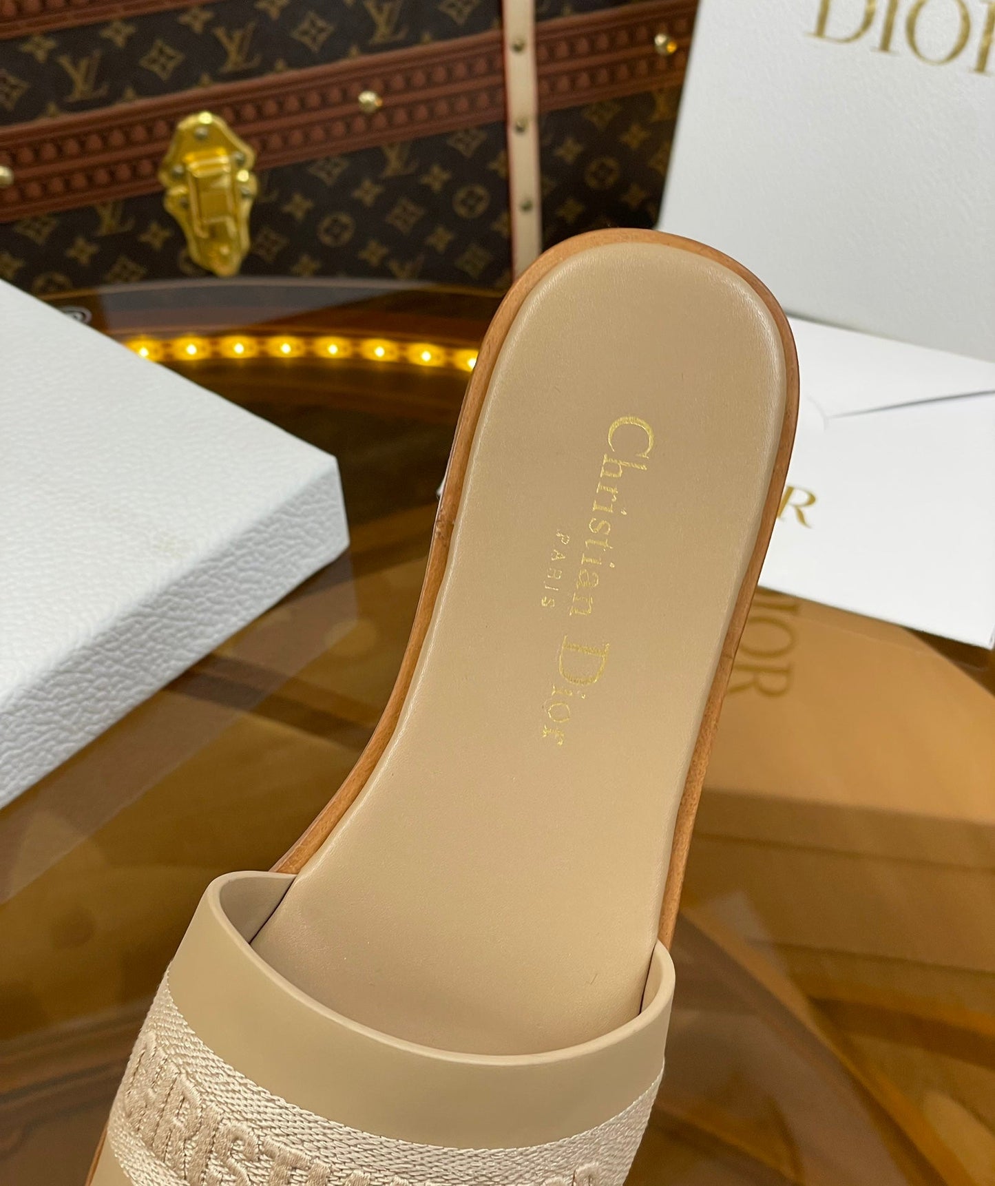 DIOR slide beige calfskin embroidered cotton