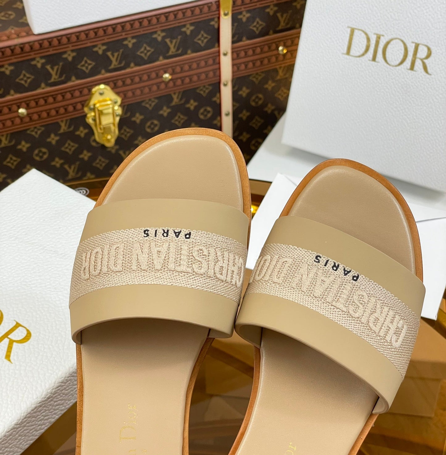DIOR slide beige calfskin embroidered cotton