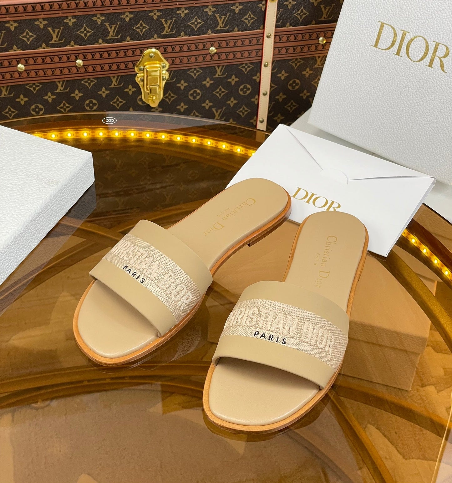 DIOR slide beige calfskin embroidered cotton