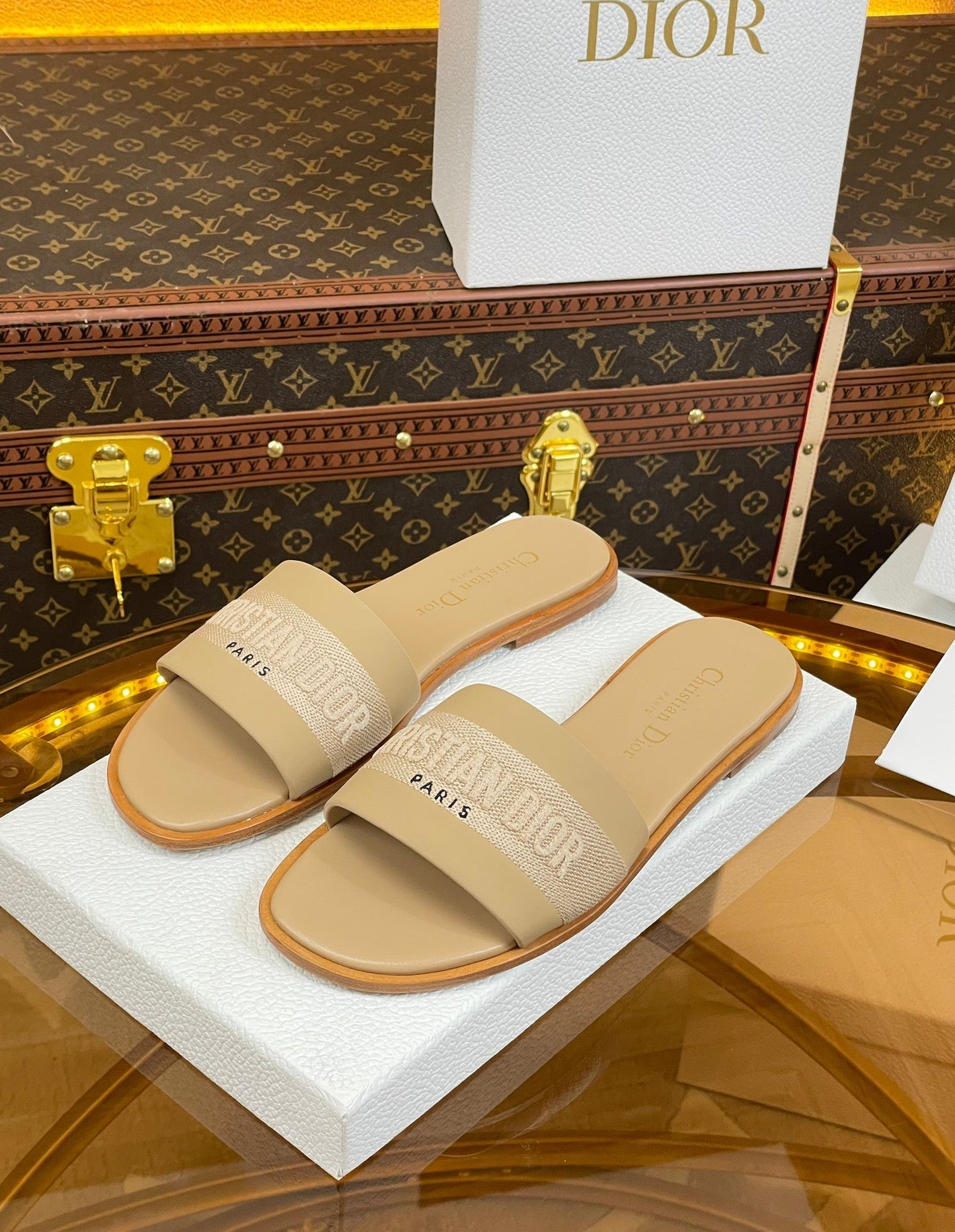 DIOR slide beige calfskin embroidered cotton