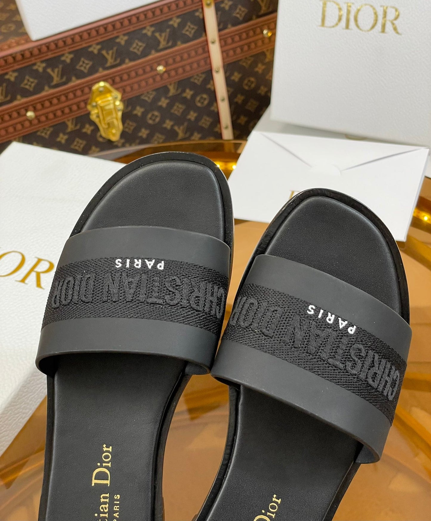 DIOR slide black calfskin embroidered cotton