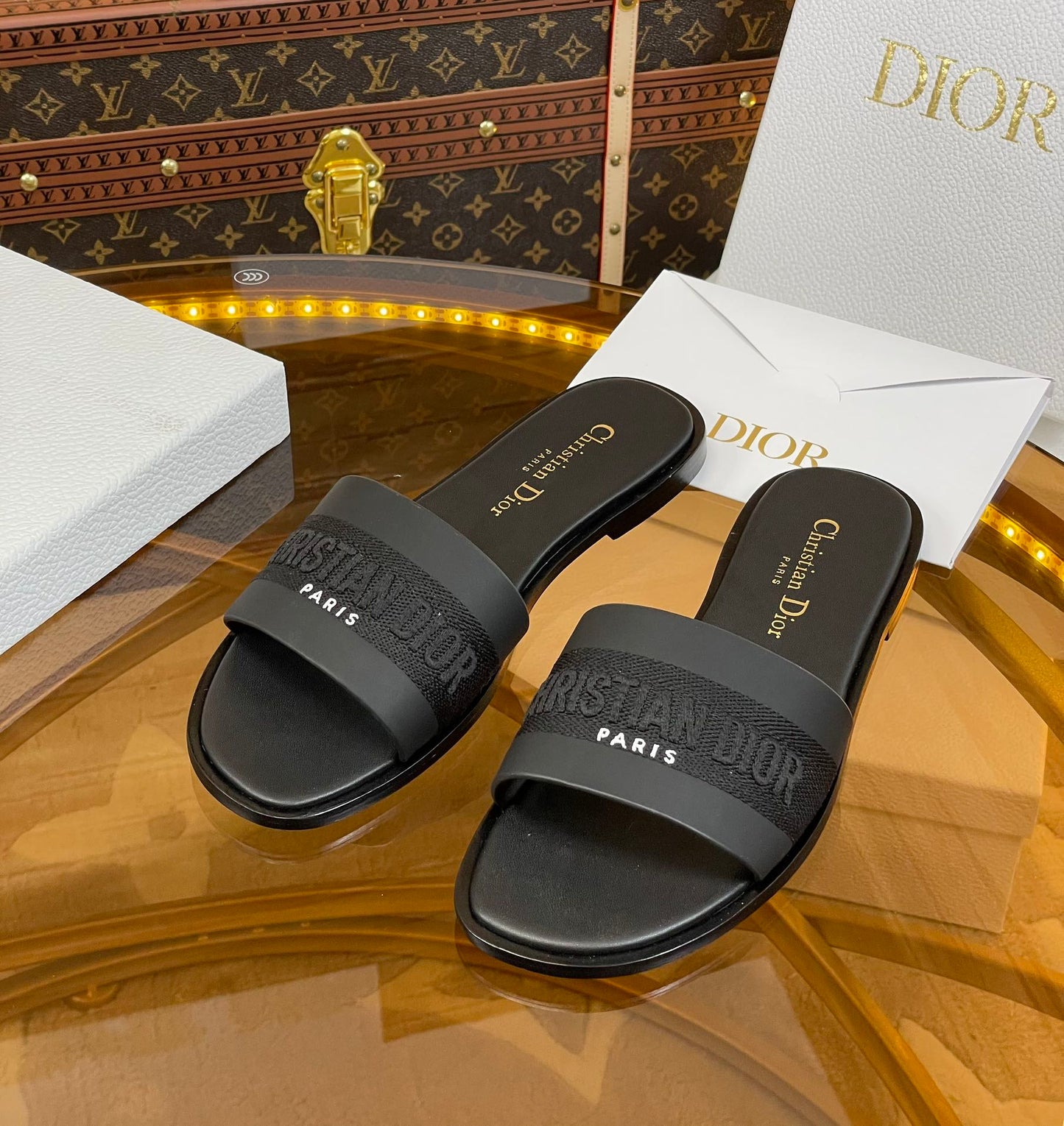 DIOR slide black calfskin embroidered cotton