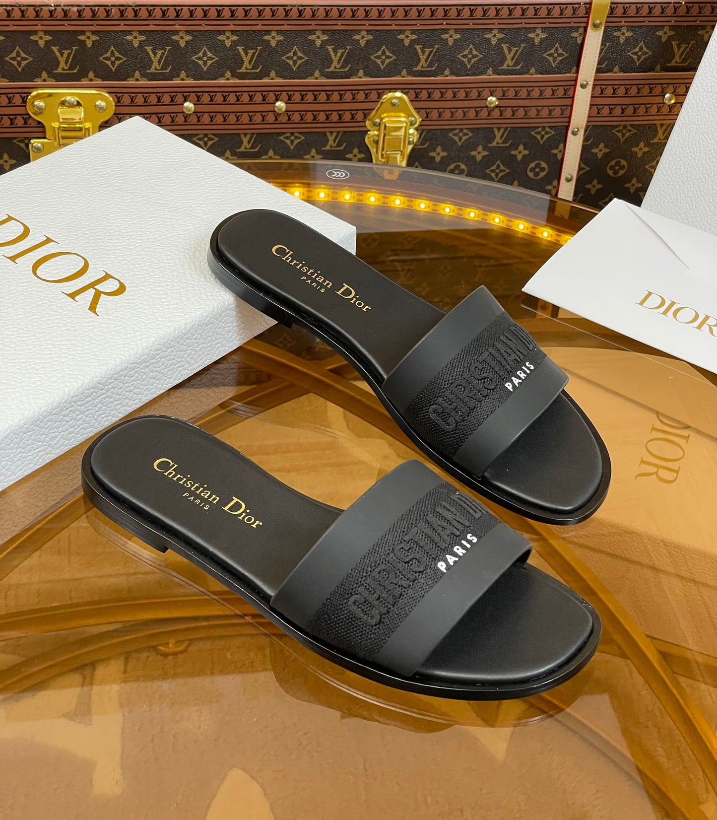 DIOR slide black calfskin embroidered cotton