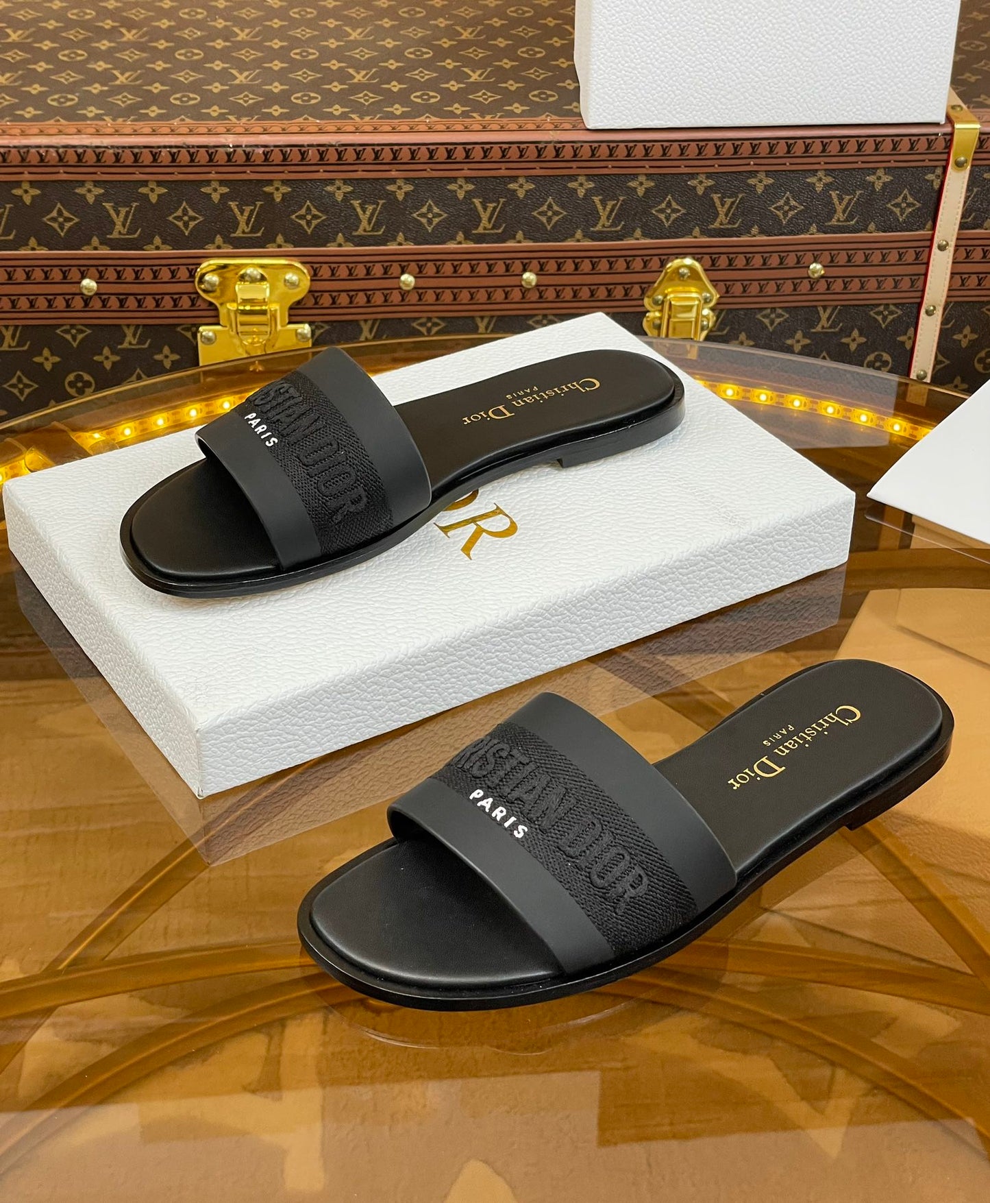 DIOR slide black calfskin embroidered cotton