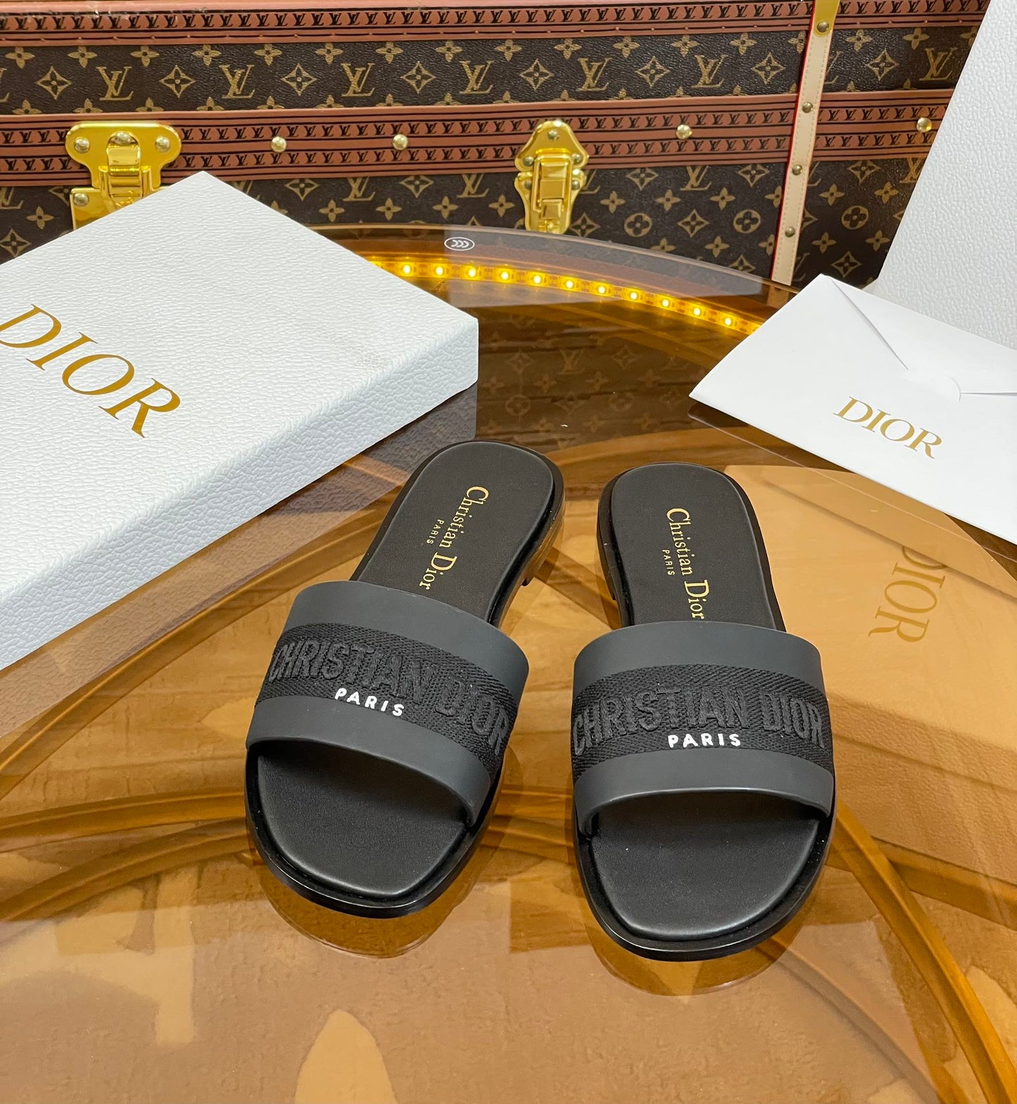 DIOR slide black calfskin embroidered cotton
