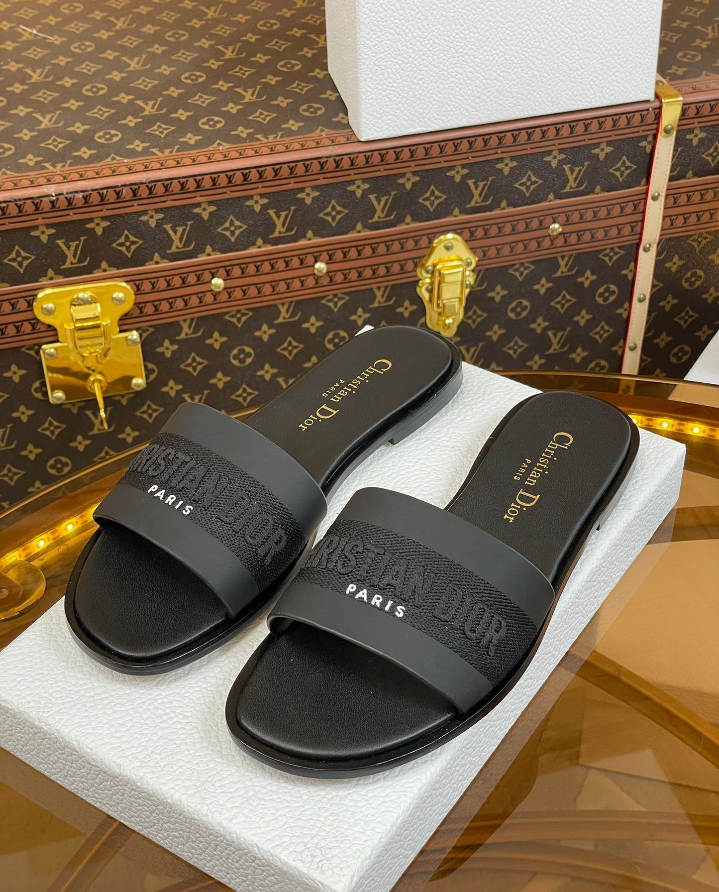 DIOR slide black calfskin embroidered cotton