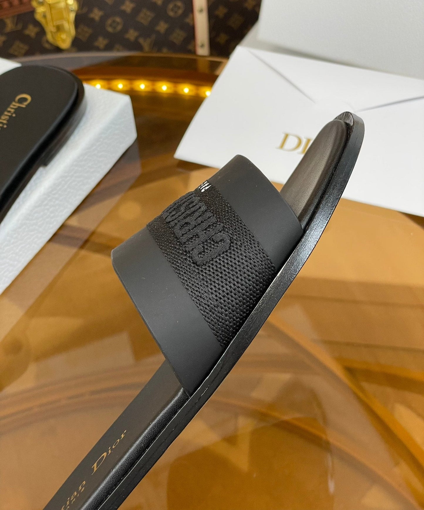 DIOR slide black calfskin embroidered cotton
