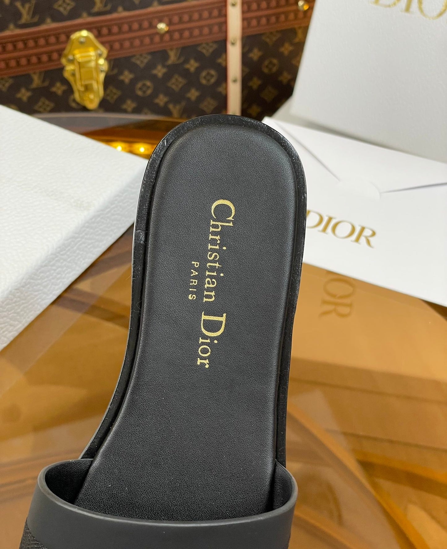 DIOR slide black calfskin embroidered cotton