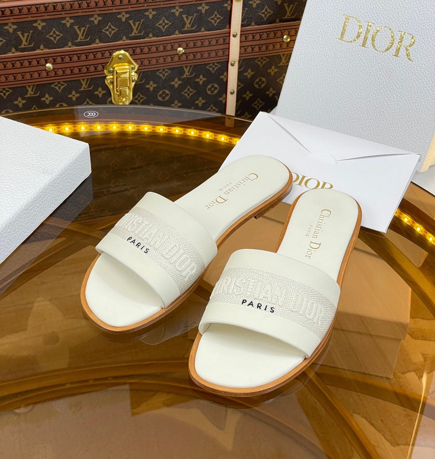 DIOR slide white calfskin embroidered cotton