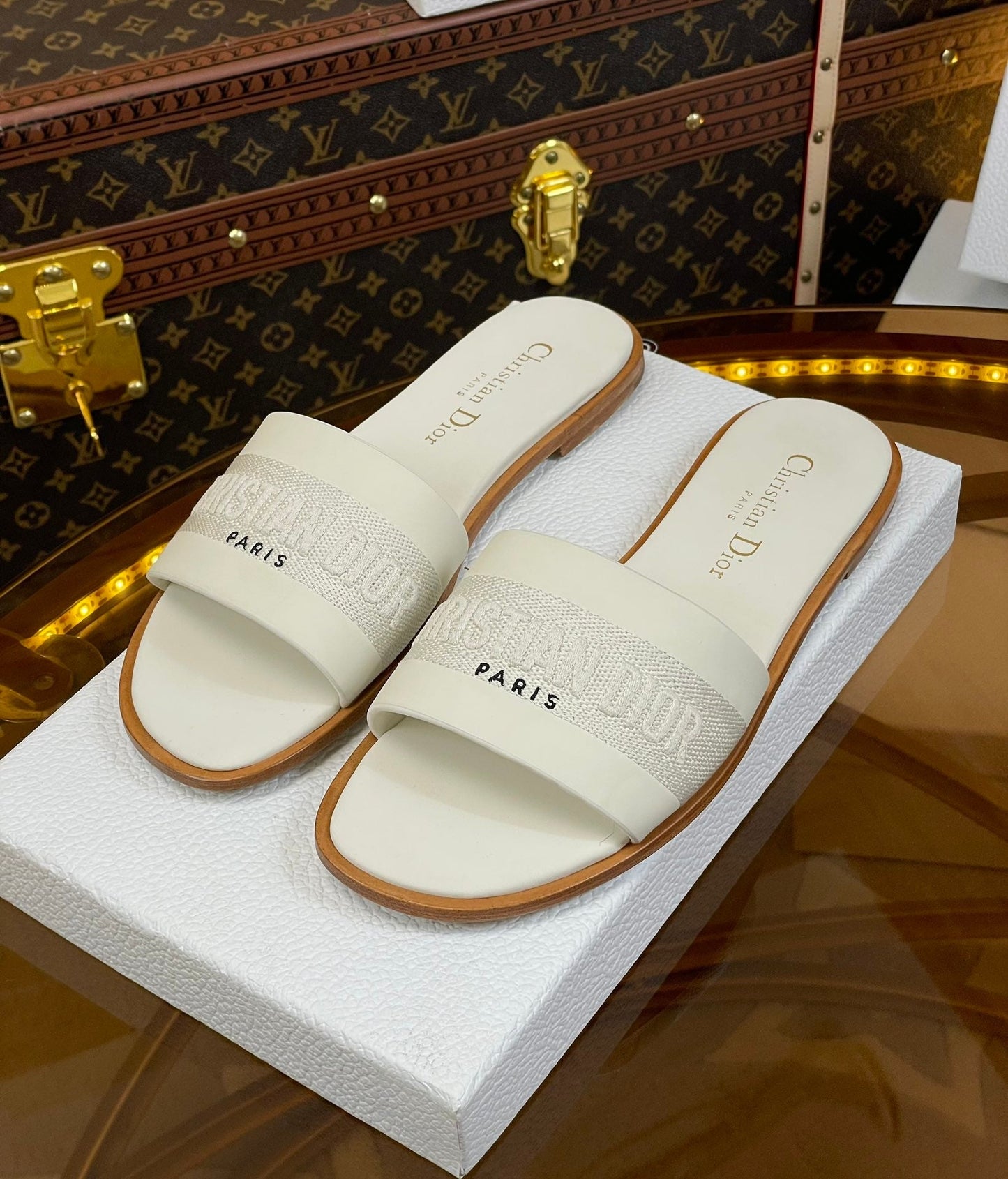 DIOR slide white calfskin embroidered cotton